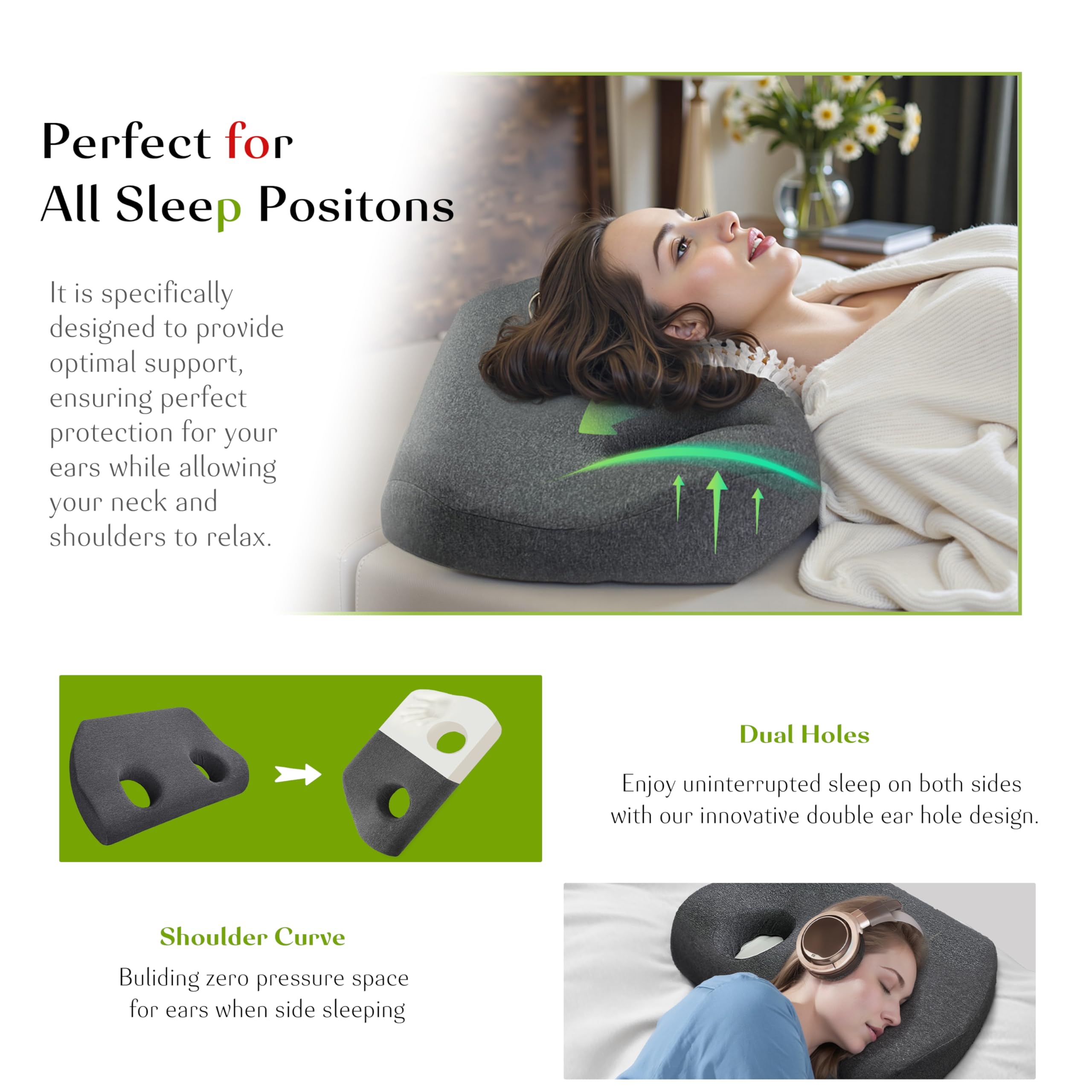 Cuscino per piercing all'orecchio, cuscino con fori laterali in memory foam a 2 fori, per dolori all'orecchio, infiammazione e piaghe da decubito, fornisce una protezione confortevole