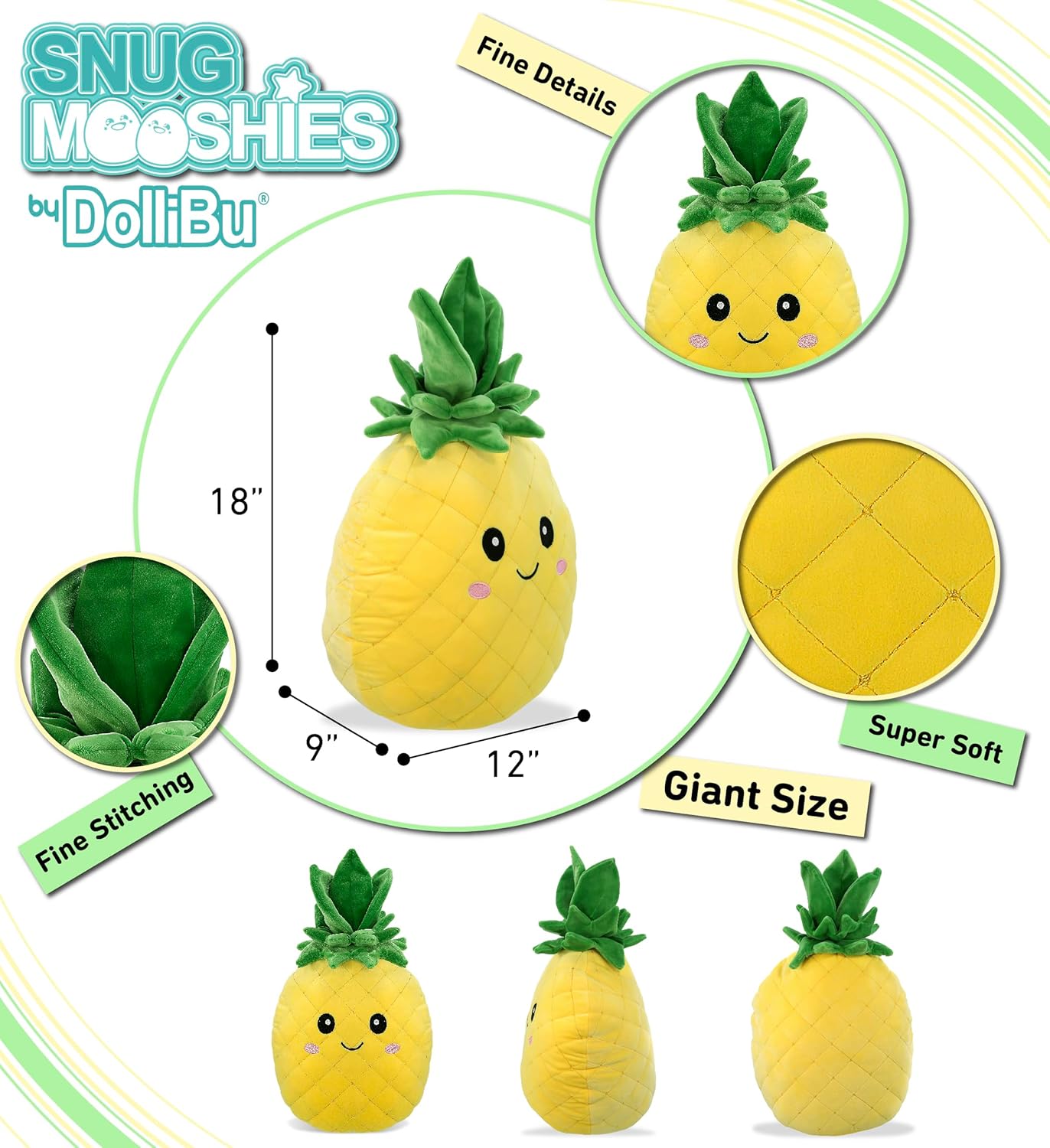 DolliBu Snug-Mooshies Large Pineapple Stuffed Toy – Super Squishy Cheerful Plush Fruit for Girls and Boys, Cute Pineapple Plush Toy for Stress Relief, Playtime, and Cuddling - 18 Inches