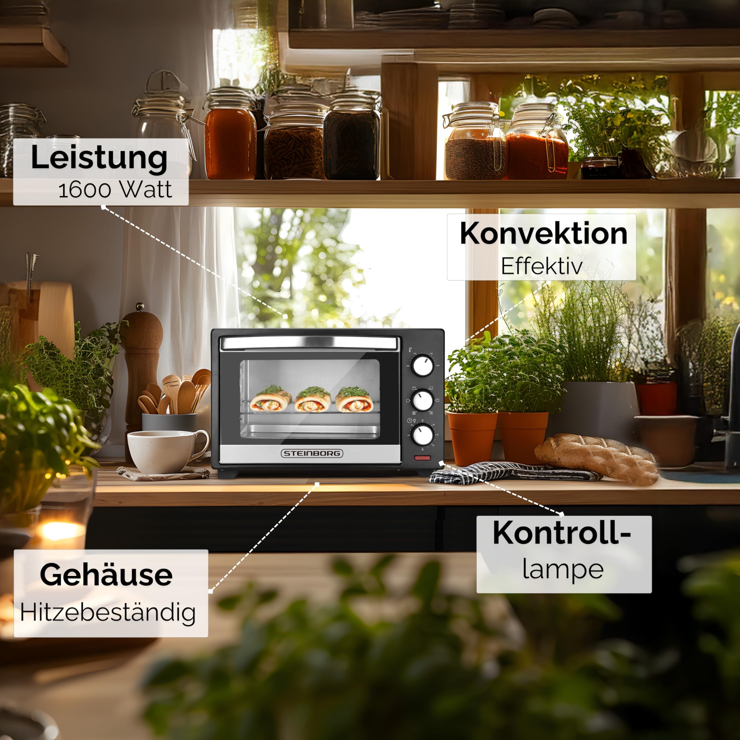 Steinborg® Mini Backofen 25 Liter Miniofen Elektro – Pizzaofen Tischbackofen 3-in-1 mit Ober-/Unterhitze & Umluft Konvektion, 1600 Watt Minibackofen mit 60 Min Timer & Krümelblech