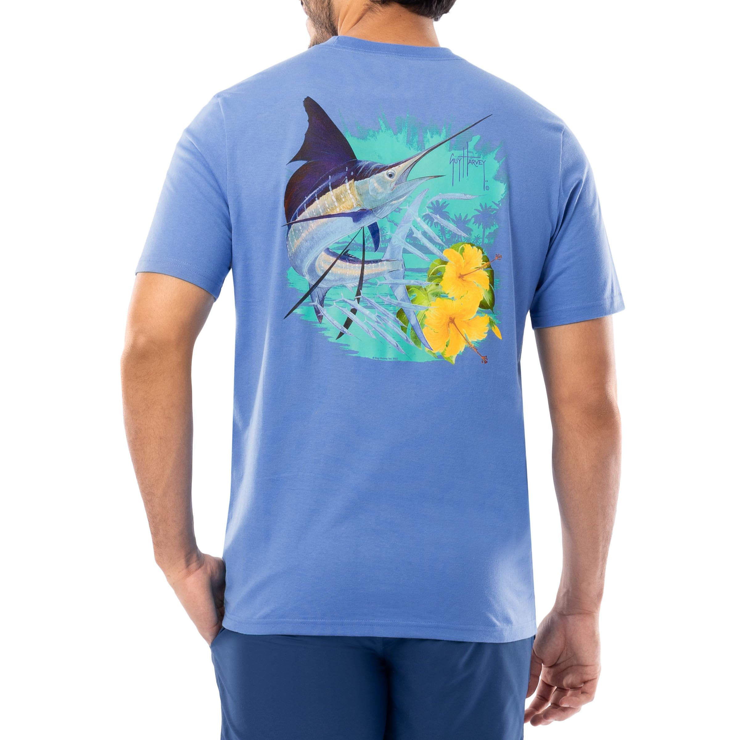 Guy Harvey Men's Floral Sail Short Sleeve Pocket T-Shirt, Azure Blue/Floral Sail, XXL
