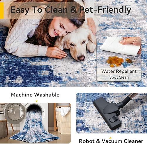 Miniatura 5 de Tapetes lavables de 3 x 5 pies, antideslizantes, con diseño abstracto estampado, suaves, para sala de estar, entrada, dormitorio y guardería, azul,