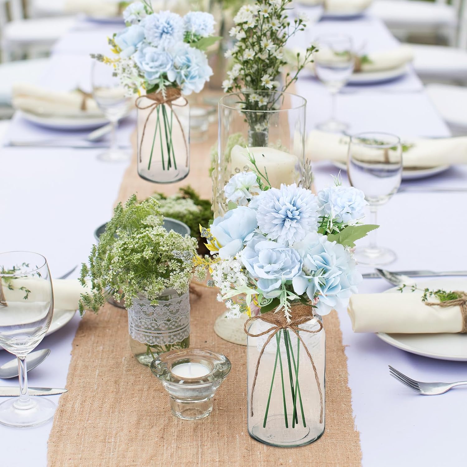 Zeyune 6 Set Mason Jar Centerpiece for Table, Artificial Hydrangeas Vintage Vases Centerpieces, Clear Flower Glasses Decor Gifts for Wedding, Home, Anniversary, Birthday Party(Blue)