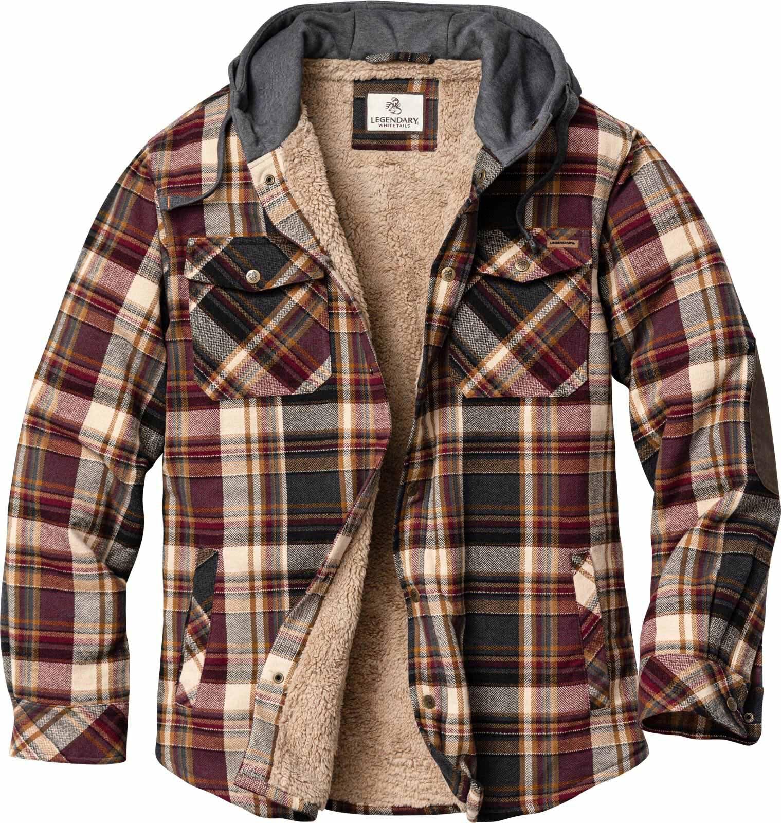 Legendary Whitetails Mens Hooded Shirt Jacket Plaid Flannel Berber Lined Polyfill Insulated Shacket