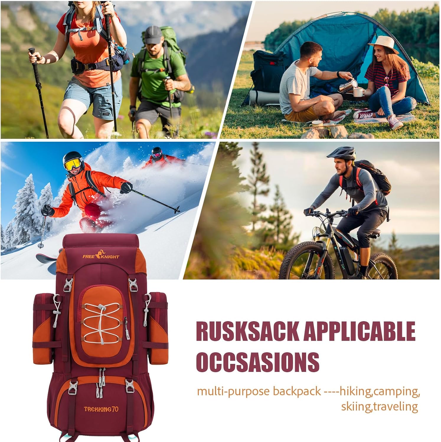 Bseash 70L (65+5) Waterproof Hiking Camping Backpack with Rain Cover, Outdoor Sport Travel Daypack for Climbing Touring (Red) - Image 7