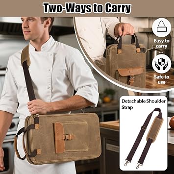 Damero Chef Knife Bag, Waxed Canvas Chef Storage Bag with 11 Slots and 2 Mesh Pockets, Knife Carrier Travel Knife Bag with Top Handles and Detachable Shoulder Strap for Kitchen Tools & Chef Utensils