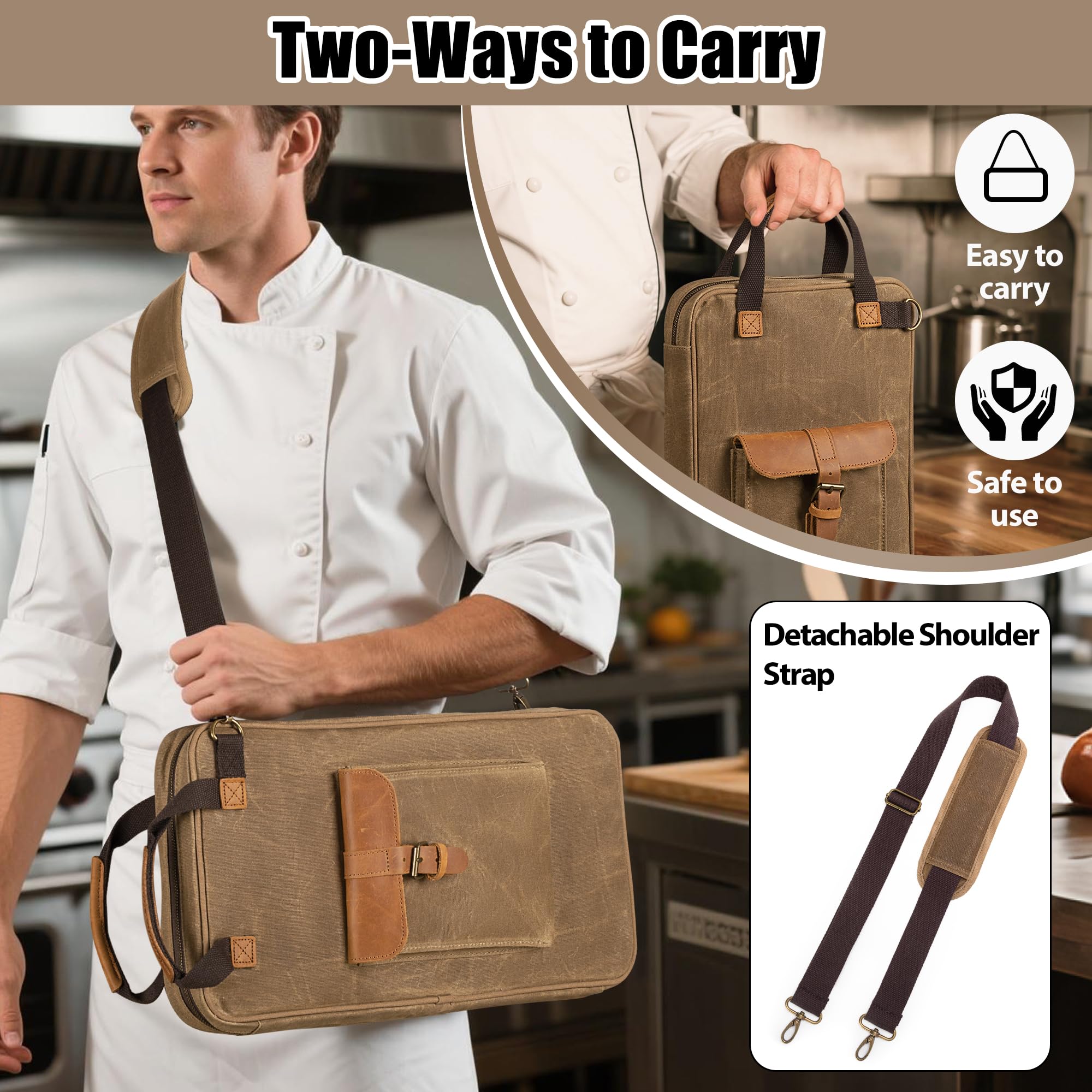 Damero Sac à Couteaux avec 13 Compartiments et 2 Poches Zippées en Filet pour Ustensiles, Malette Couteaux Professionnel avec Poignée et Bandoulière Amovible, Malette Couteaux Professionnel, Sac Seul