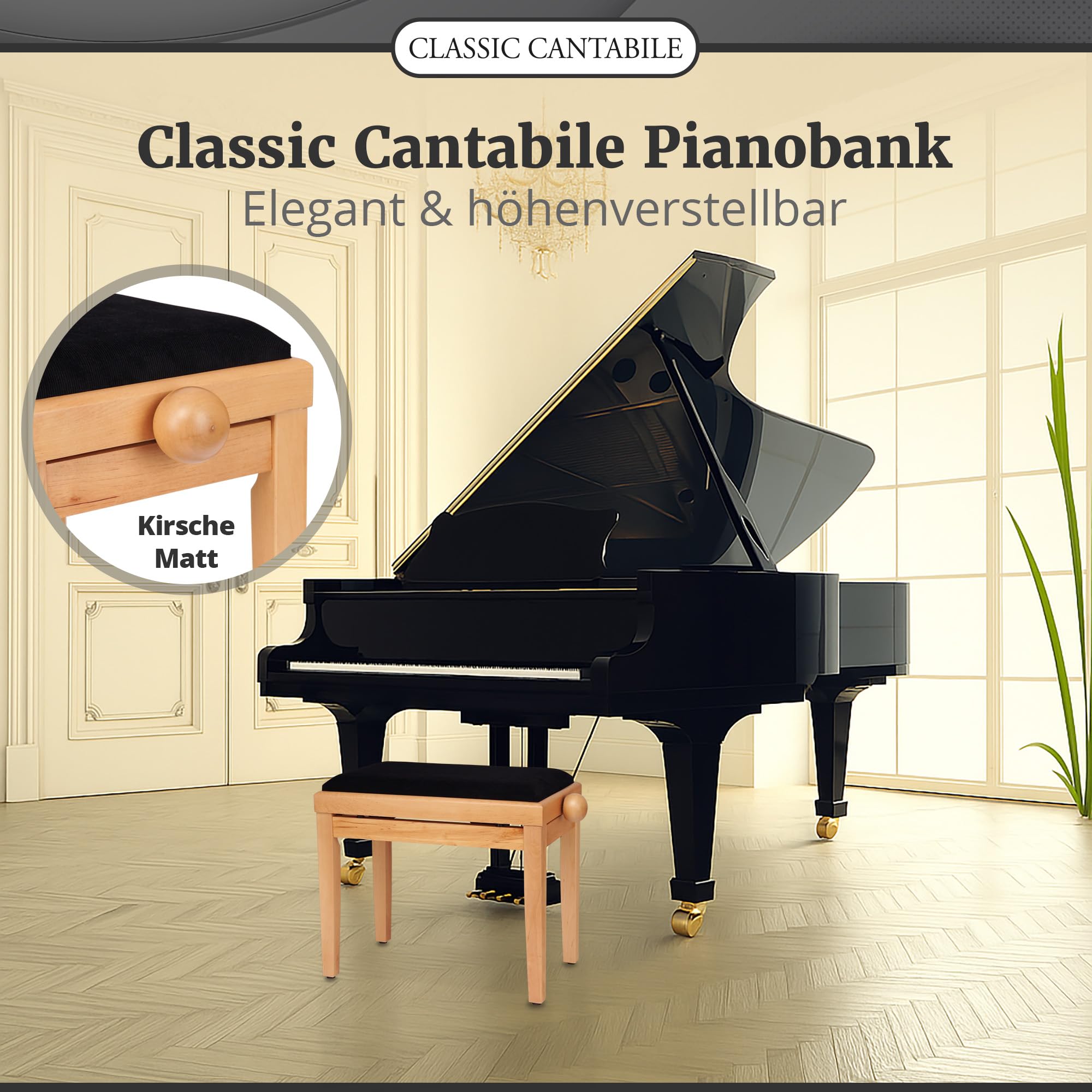 Classic Cantabile Pianobank Kirsche-matt (Höhenverstellbar von 47-56cm, Spindelmechanik, Sitzfläche 55 x 32cm, schwarzer Velourbezug, stabil)