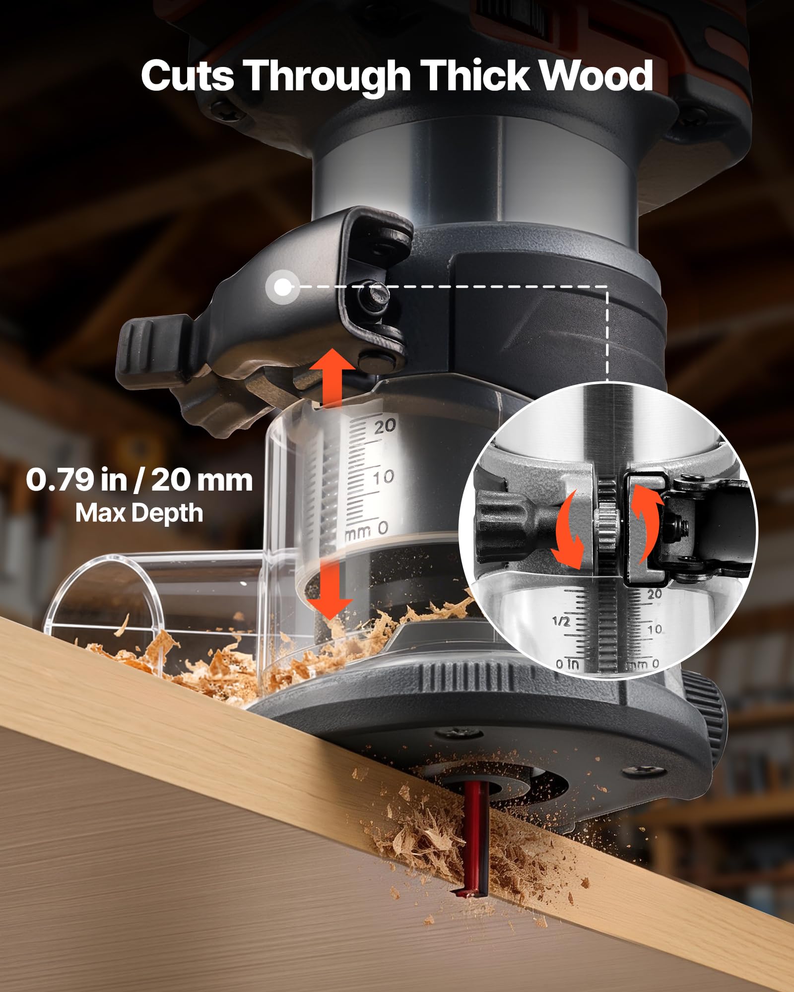 VEVOR Fresadora de Madera Inalámbrica 18 V sin Escobillas, Rebajadora Eléctrica de 6 Velocidades Variables, con Base Fija y Pinza de 6,35 mm, para Perfilar Bordes, Carpintería, Batería No Incluida