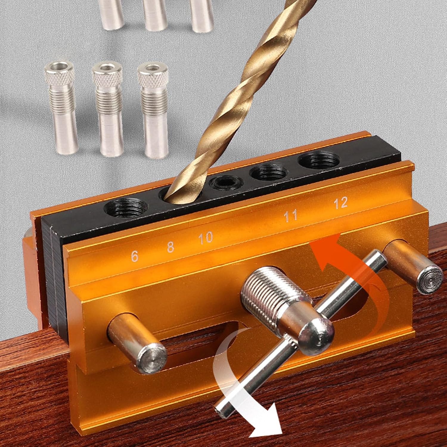 Self Centering Doweling Jig, Aluminum Alloy Adjustable Width Drill Jig for Straight Holes Woodworking Drilling Doweling Jig with 6 Drill Bushings, for Home DIY Project