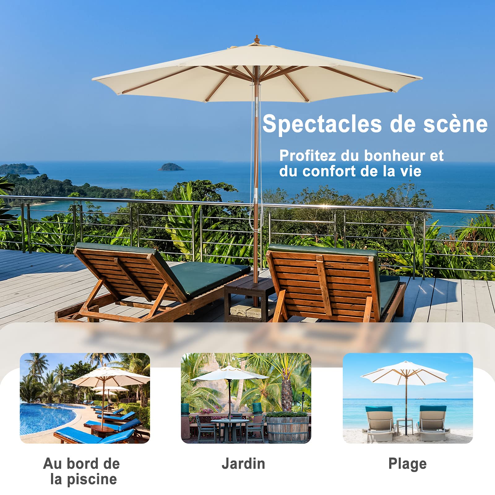 GOPLUS Parasol de Jardin Exterieur 3M, Parasol Inclinable à Corde en Bois avec 8 Baleines en Bambou, Levage par Poulie, Protection Solaire, pour Piscine, Cour, Base Non Incluse