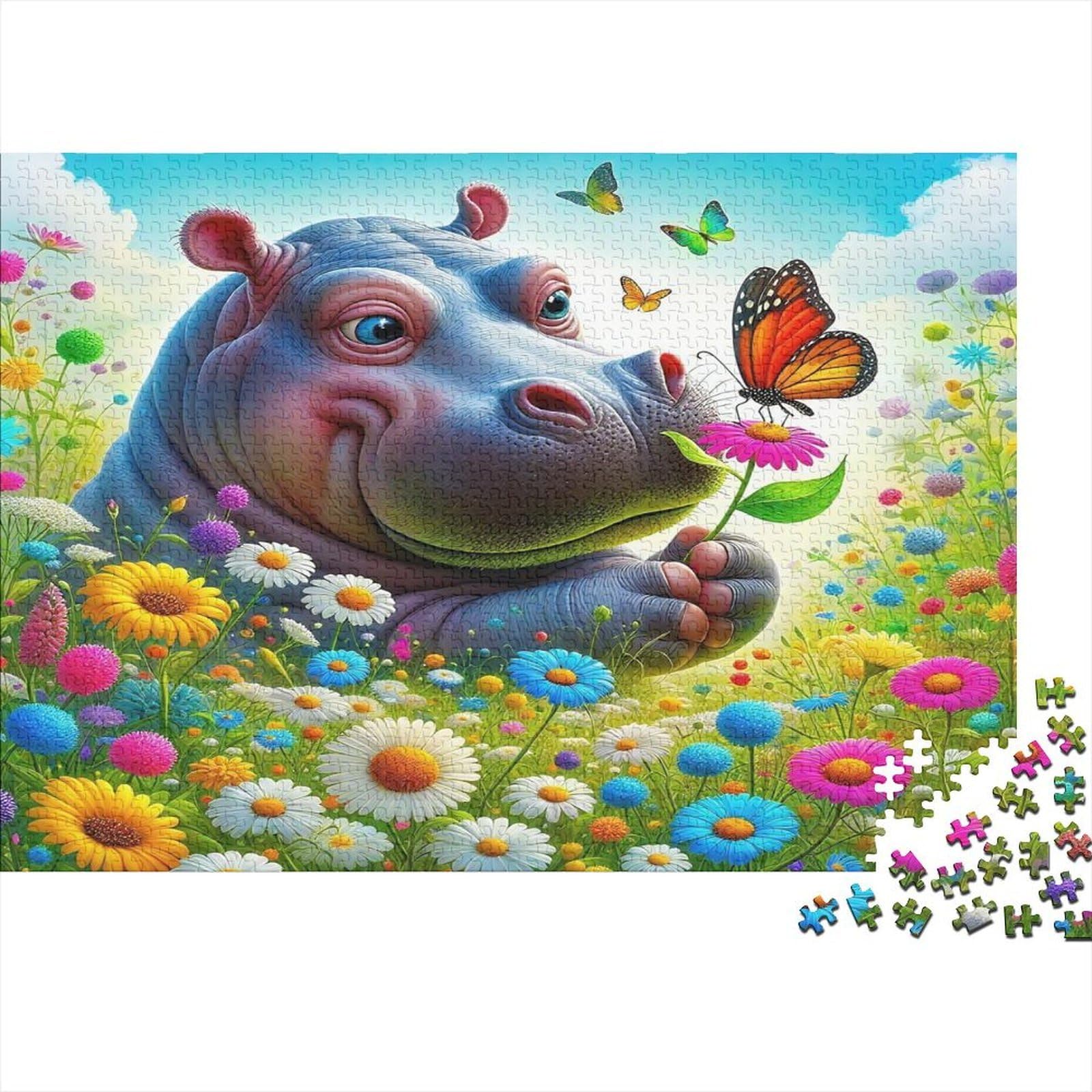 Cartoon Hippo Flower Field 1000 Piece Jigsaw Puzzle for Adults Colorful Butterfly Design Paper Puzzle Game Family Relaxation Home Decoration Gift 52x38cm/1000pcs