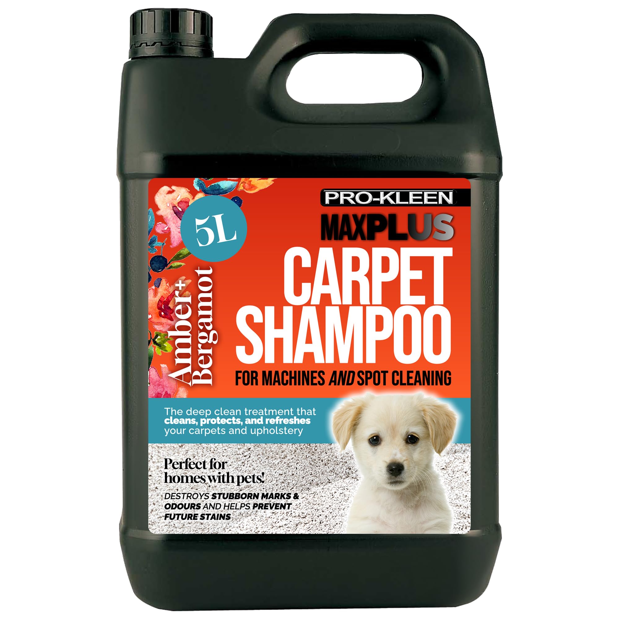 Pro-Kleen MAXPLUS Carpet Shampoo Cleaner – Premium Formula, Removes Dirt, Stains, Marks, Pet Deposits & Odours, Suitable for all Machines (Amber and Bergamot Fragrance, 5 Litres)