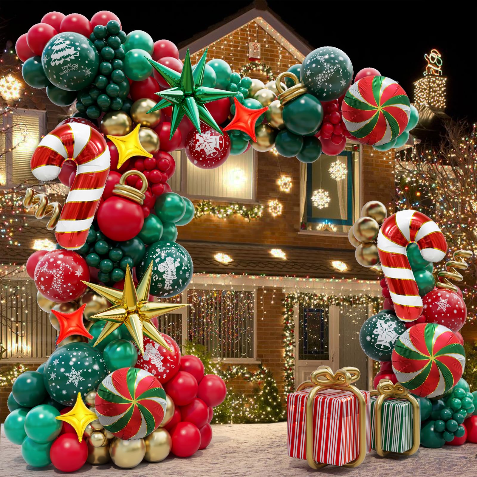 182 PCS Christmas Balloon Garland Arch Kit, Xmas Gingerbread Holiday Balloon Arch Kit Decorations Balloons Christmas Party Garland Balloons Candy Cane