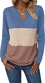 Zeagoo Women's Waffle Shirts V Neck Long Sleeve Tops Color Block T-Shirts Casual Pullover Tunics 2025 Fashion Basic Tees
