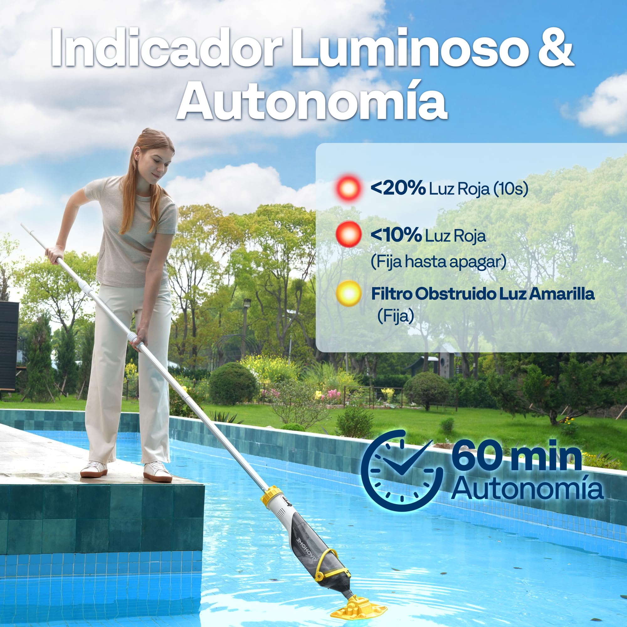 VIVOHOME 278cm Aspirador de Piscina Inalámbrica con Succión Fuerte de 4200LPH, Limpiafondos Piscina Autonomía de 60 Minutos para Piscinas Spas y Jacuzzis