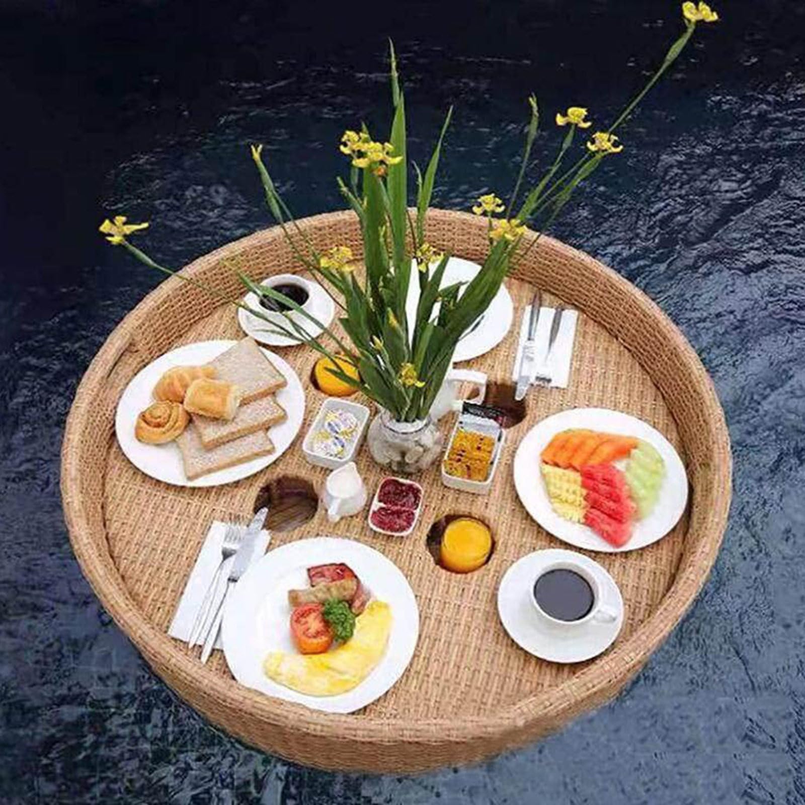 Vassoio galleggiante per piscina, 60 cm, in rattan, ideale per feste in campeggio e relax all'aperto, accessorio da bar per divertimento estivo