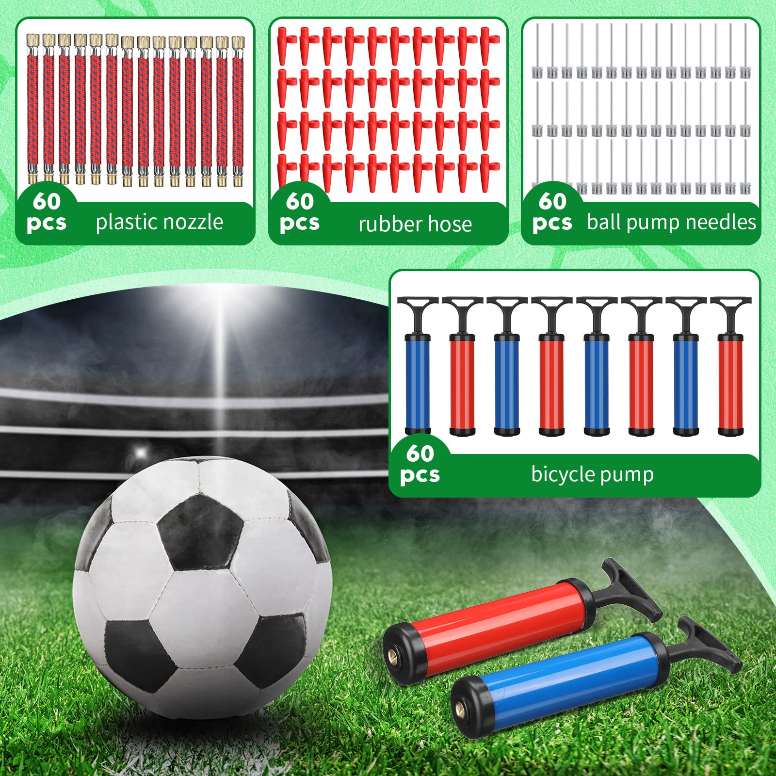 Juego de 60 bombas de bola de 8 pulgadas, bomba de aire portátil con boquillas de agujas, manguera de extensión flexible para fútbol, voleibol, baloncesto, ejercicio, deportes, pelota de agua, fútbol, 3