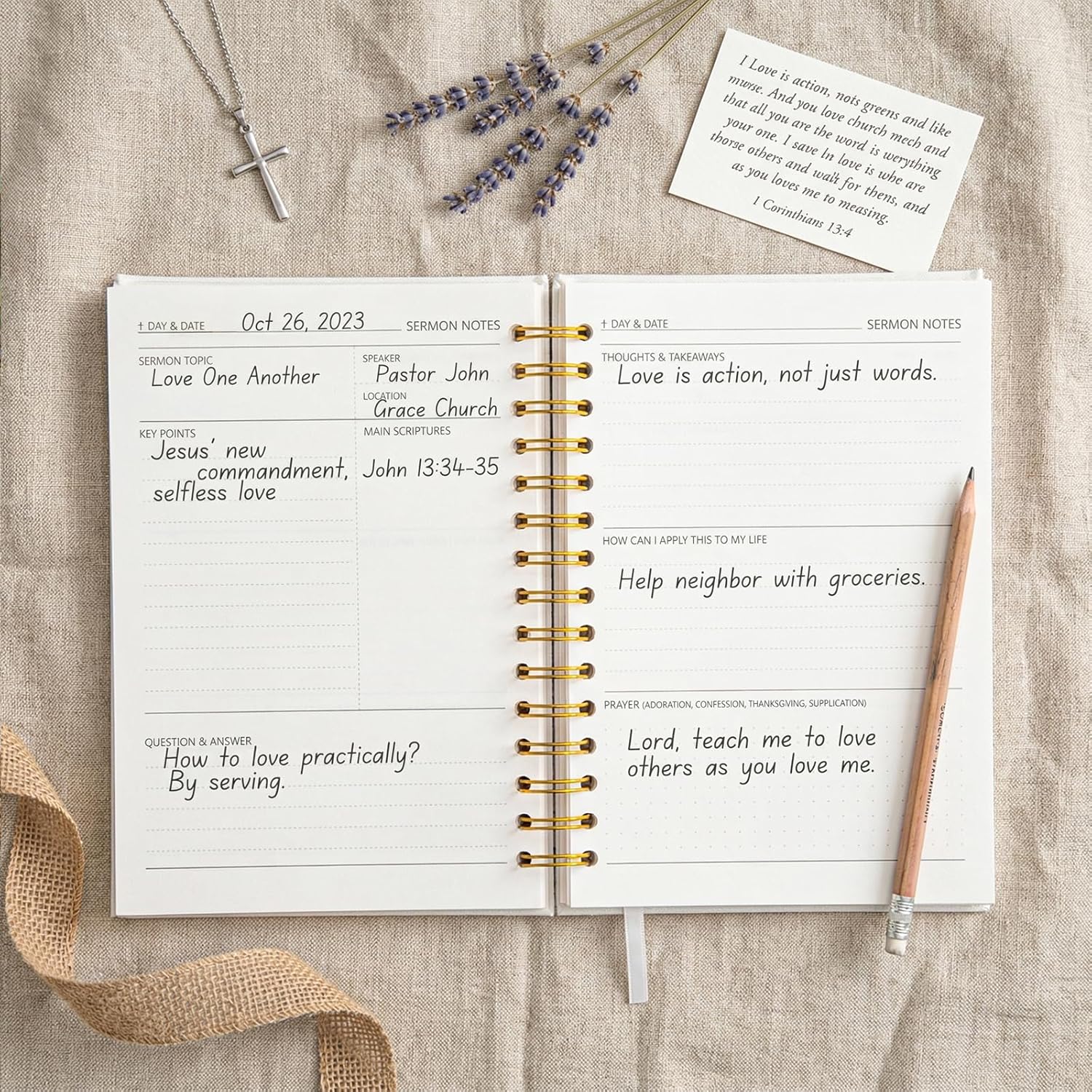 Church Notes Journal - Christian Notebook, Guided 5-in-1 System with Bonus Bible Tabs for Sermon Notes, Small Group (SOAP) & Church Activities, Spiral Bound Linen Hardcover, Christian Gift Idea