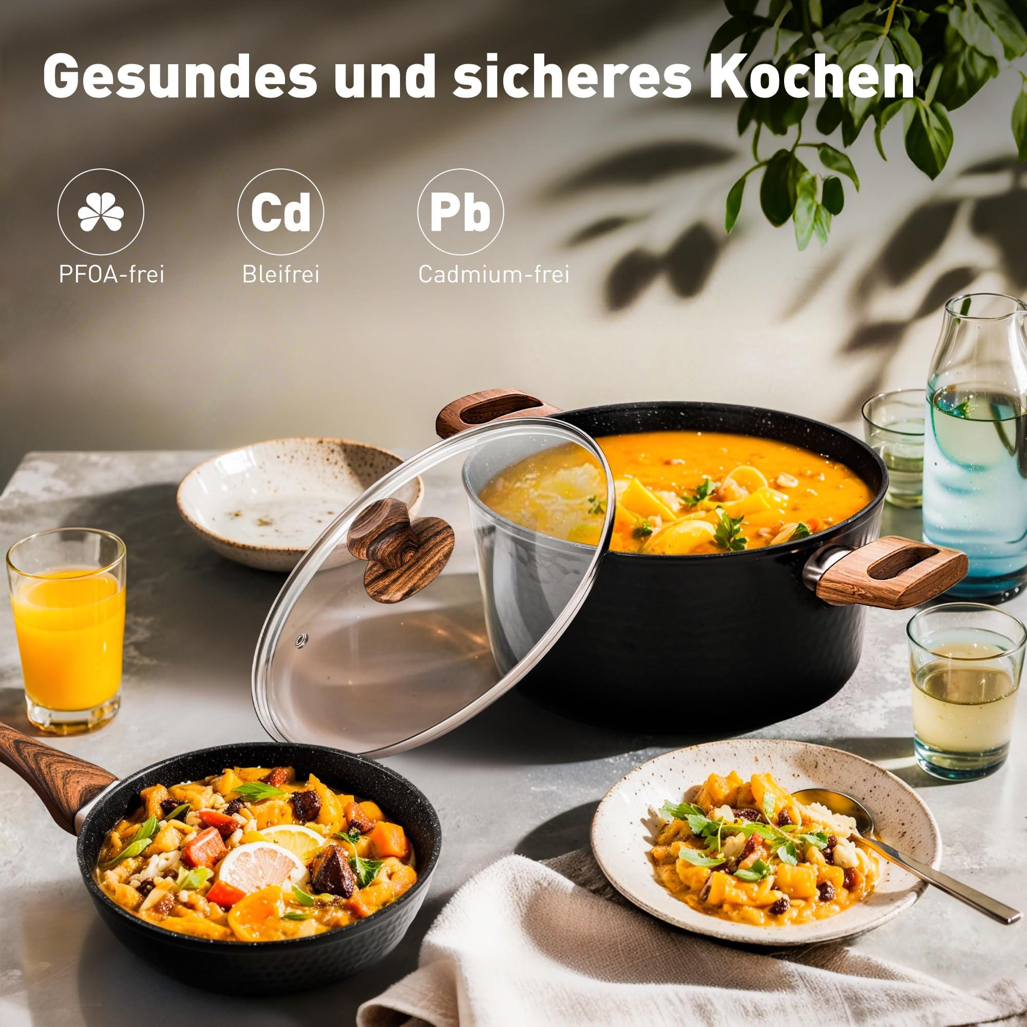 Kitchen Academy Topfset Antihaft Beschichteter, Topf Induktion 15tlg | Töpfe Set Pfannenset Pfannen mit Glasdeckeln Granit Kochtopf Bratpfanne mit Deckel Kochtopfset für Alle Herdarten Schwarz