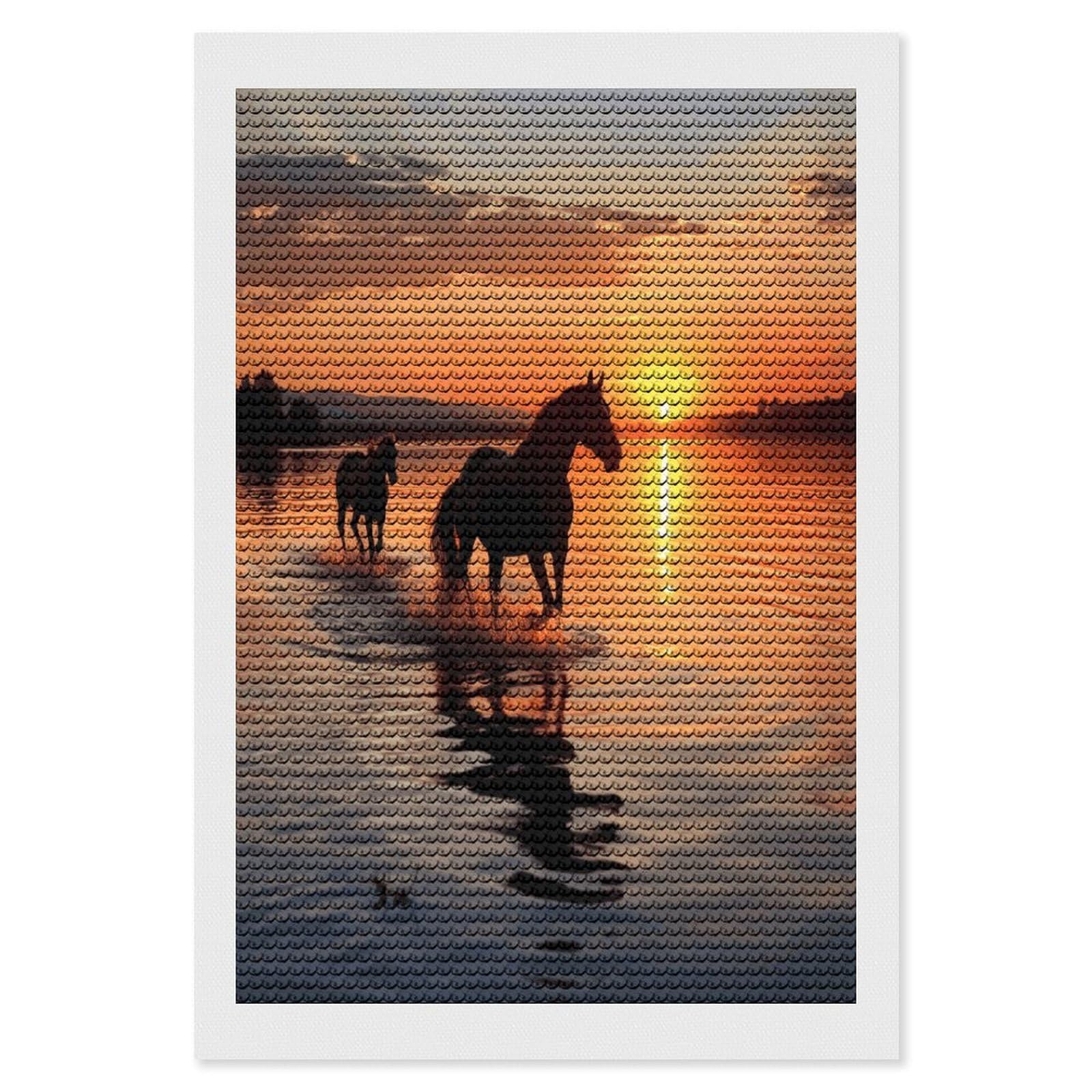 JTREHY Sunsets Lake Horses Diamond Art Kits Personalized DIY Round Diamond Painting Kits for Beginner Full Drill Diamonds Dots Paintings for Adults Gem Art Crafts Home Decor
