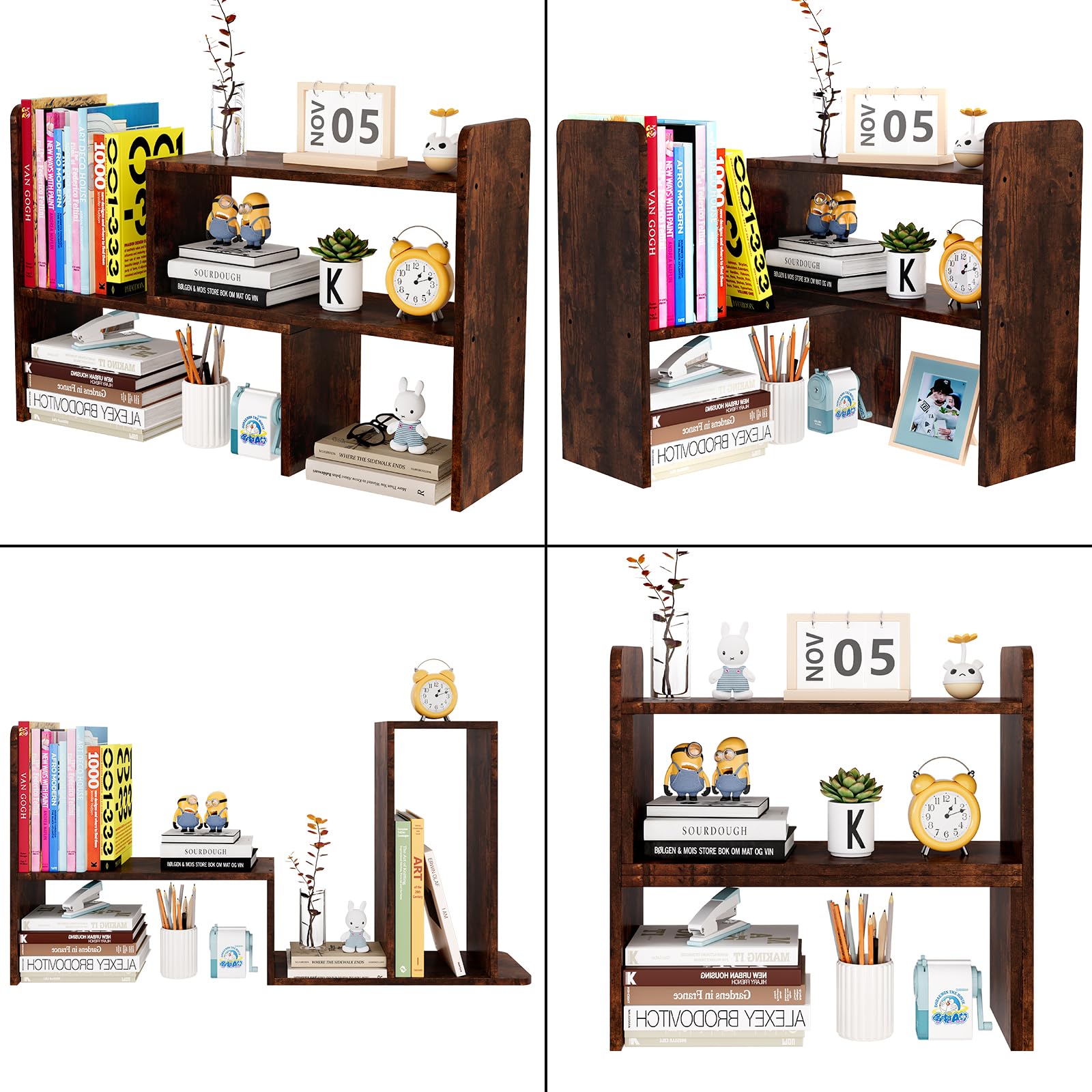 EasyPAG Petite étagère de bureau en bois, réglable - pour la maison et le bureau, marron