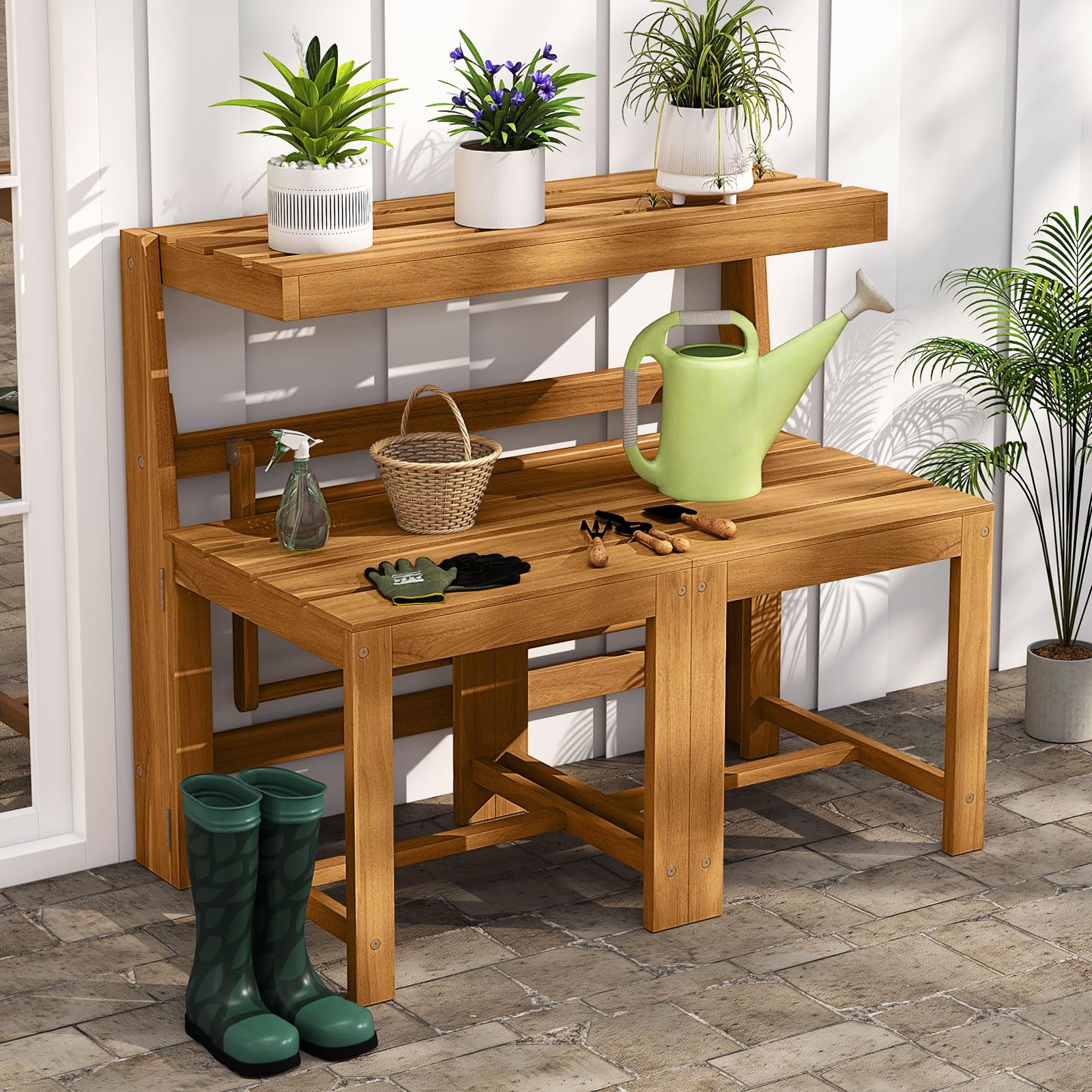 COSTWAY Salon de Jardin 3 en 1 Banc 2 Places Table Rectangulaire Chaises Extérieur Bois d'Acacia Dossiers Inclinés Siège à Lattes