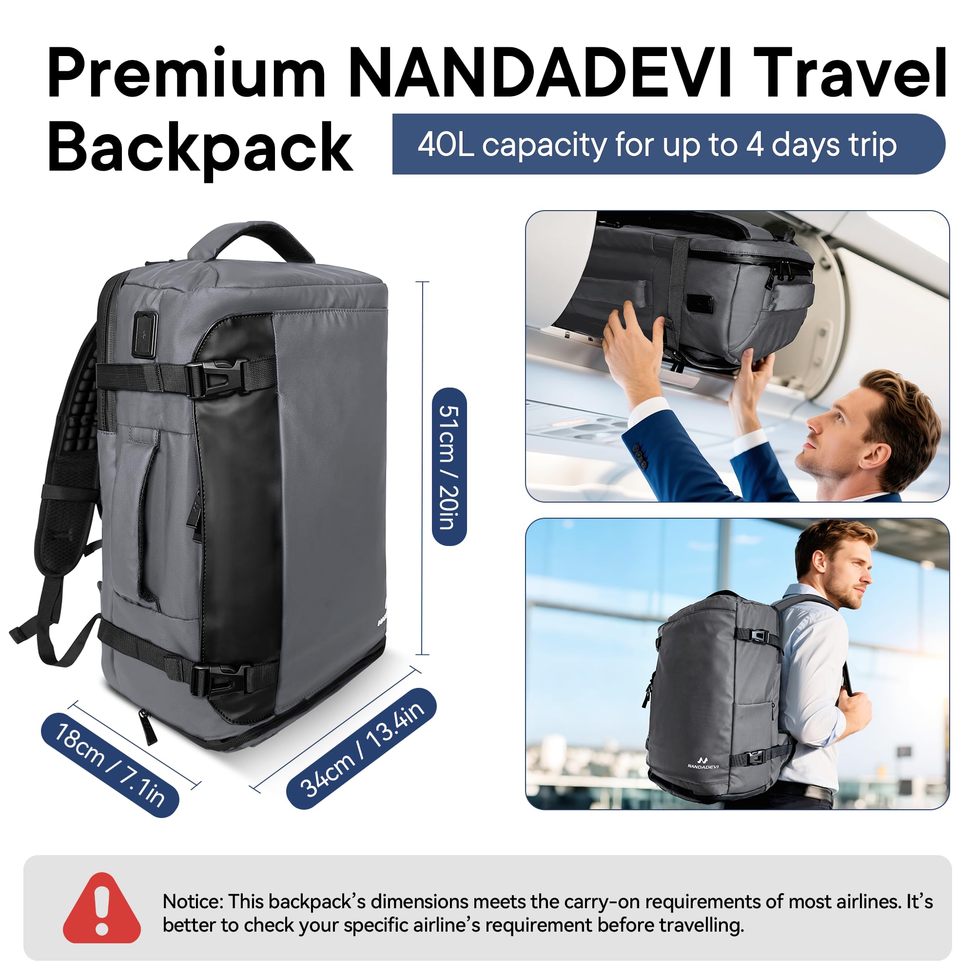 NANDADEVI Plecak męski, 40 l, duży, wytrzymały, wodoodporny plecak turystyczny z izolacją na sucho i mokro, plecak na laptopa o przekątnej ekranu 17,3", szary, 49 x 31 x 20 cm, 40 l, szary