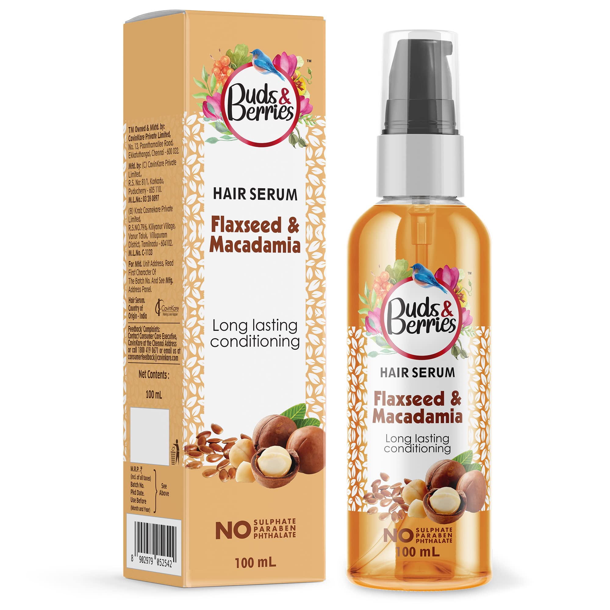 Buds & Berries Conditioning Hair Serum with Flaxseed and Macadamia | Long Lasting Conditioned and Smooth Hair | No Sulphate, No Paraben, No Phthalate (100 ml)