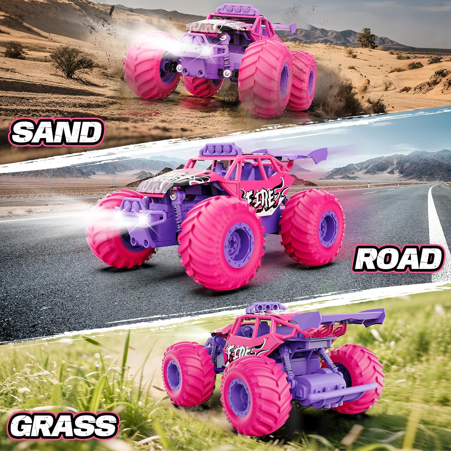 Remote Control Car, All Terrain RC Cars with Speed Switch RC Truck with LED Headlight and Rechargeable Batteries, 20KM/H Monster Truck Toys Gift for Girls Age 6-8 8-12, Pink