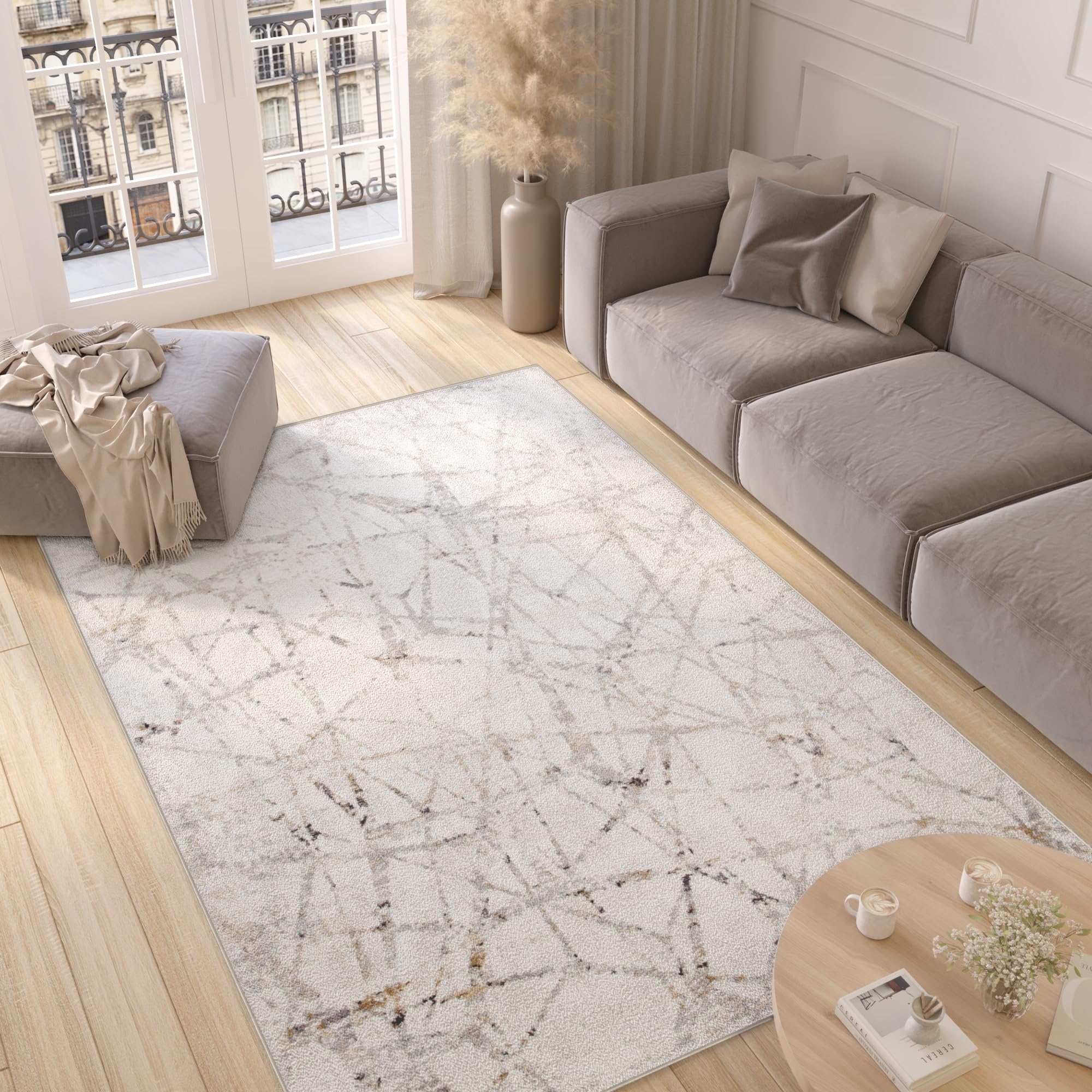 TAPISO Valley Alfombra de Pelo Corto Brillante Suave Diseño Moderno Beige Crema Gris Alfombra de Salón Dormitorio Habitación Comedor Oeko-Tex 200 x 300 cm
