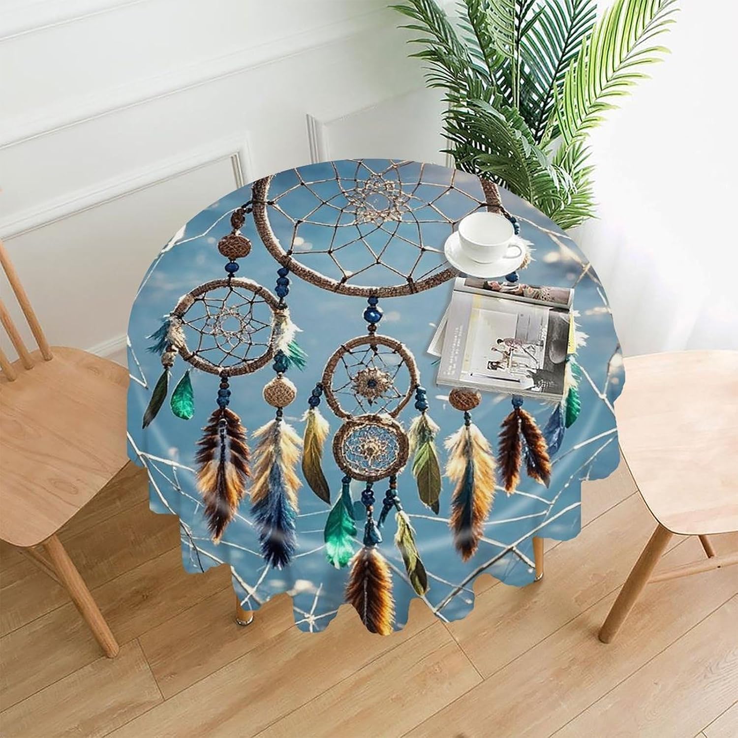60 Inch Round Dream Catcher Tablecloth Waterproof Heavy Duty Polyester Table Cloth Spill-Proof Wipeable Table Cover Decorative Circle Dining Tablecover for Party Outdoor