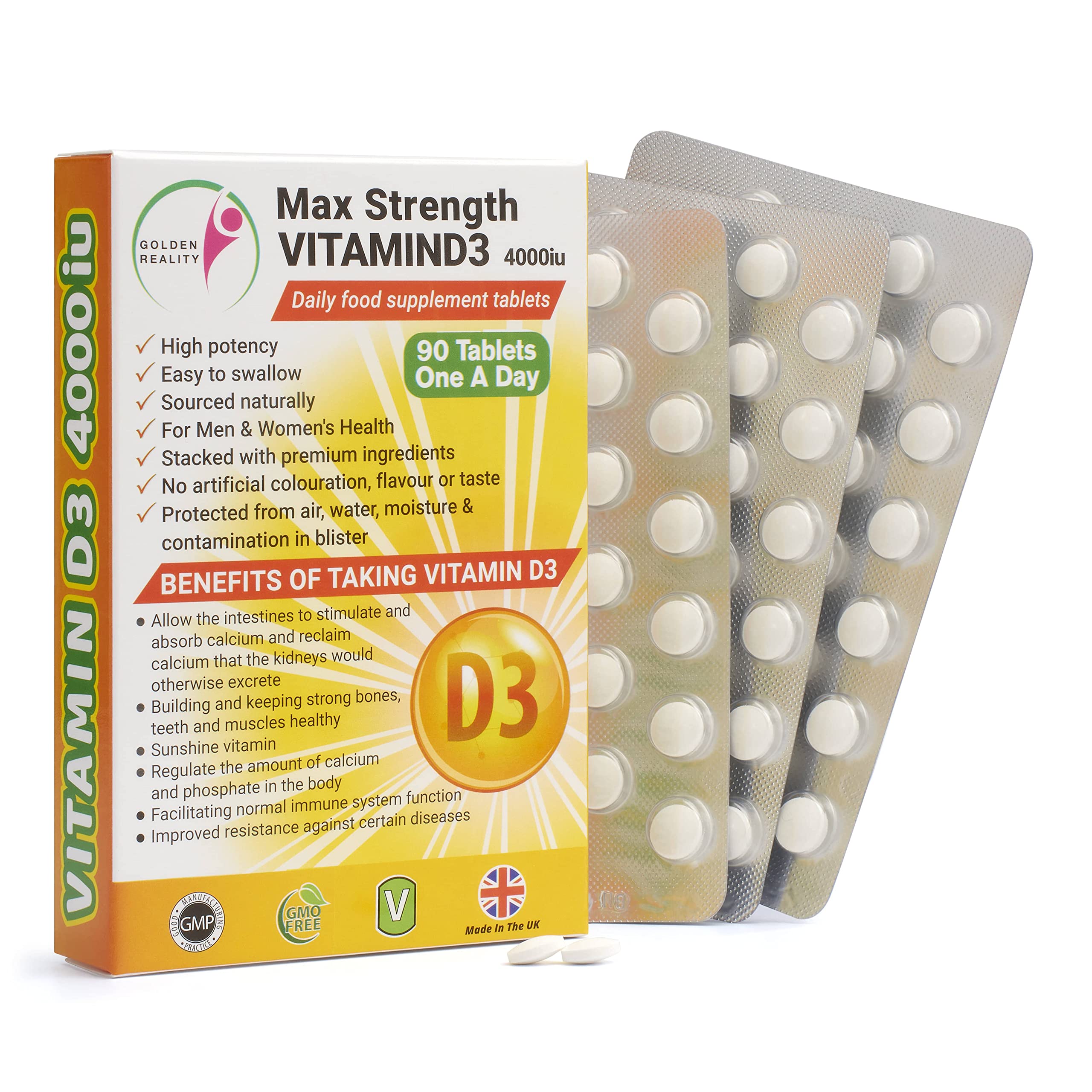 Max Strength Vitamin D3 4000iu Supplements | Sunshine Vitamin | Unisex Supplement | Bones & Teeth | Immune | Regulate Calcium & Phosphate | Made from Quality Natural Ingredients | Made in The UK