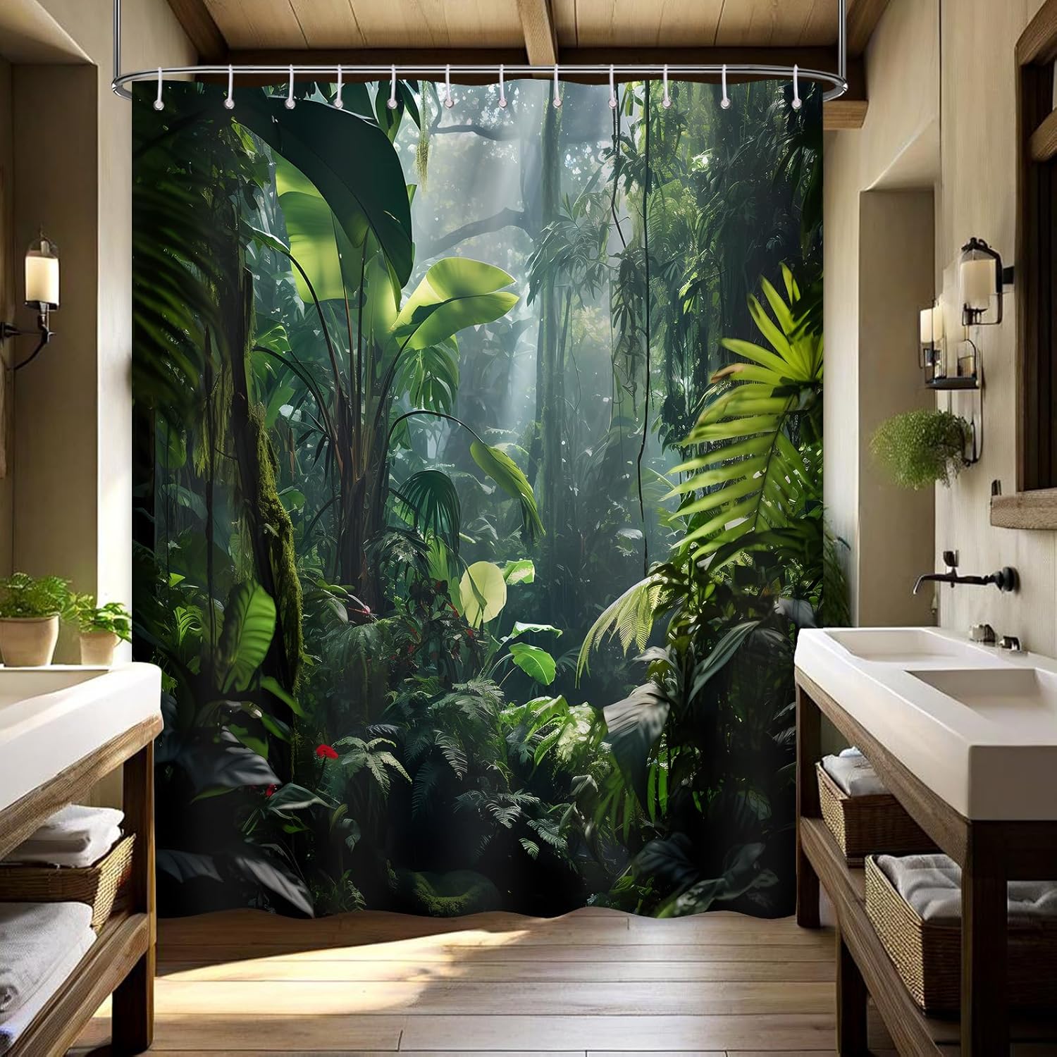 Green Jungle Shower Curtain Nature Forest Rainforest Landscape Tropical Plant Scenery Bathroom Decor, Waterproof Fabric with Hooks, 70x96 Inch