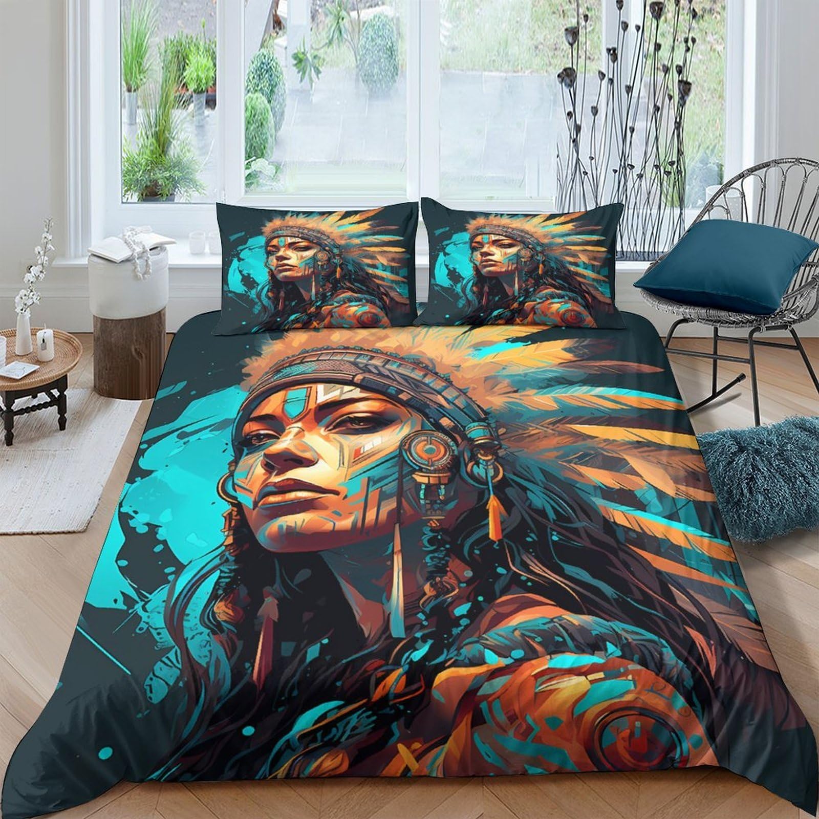 Ctjqhvkz Style-1 3D Printed Native Warrior Fitted Sheet Microfiber Bedroom Decor Tribal Art Mattress Cover For Home Dorm Single（135X200cm）