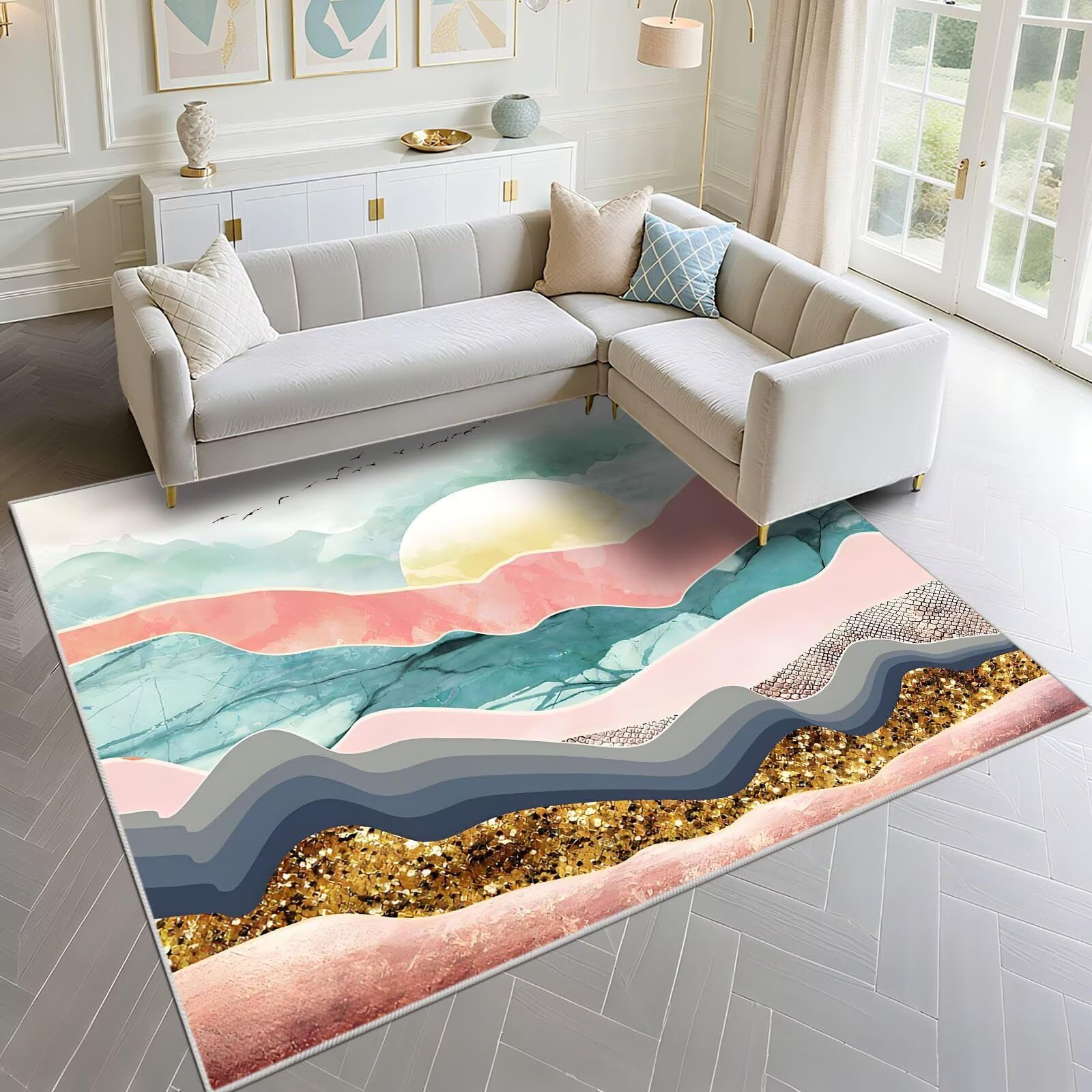 Tapis chambre fille ado au motif sunrise doux pour coin lecture de salon