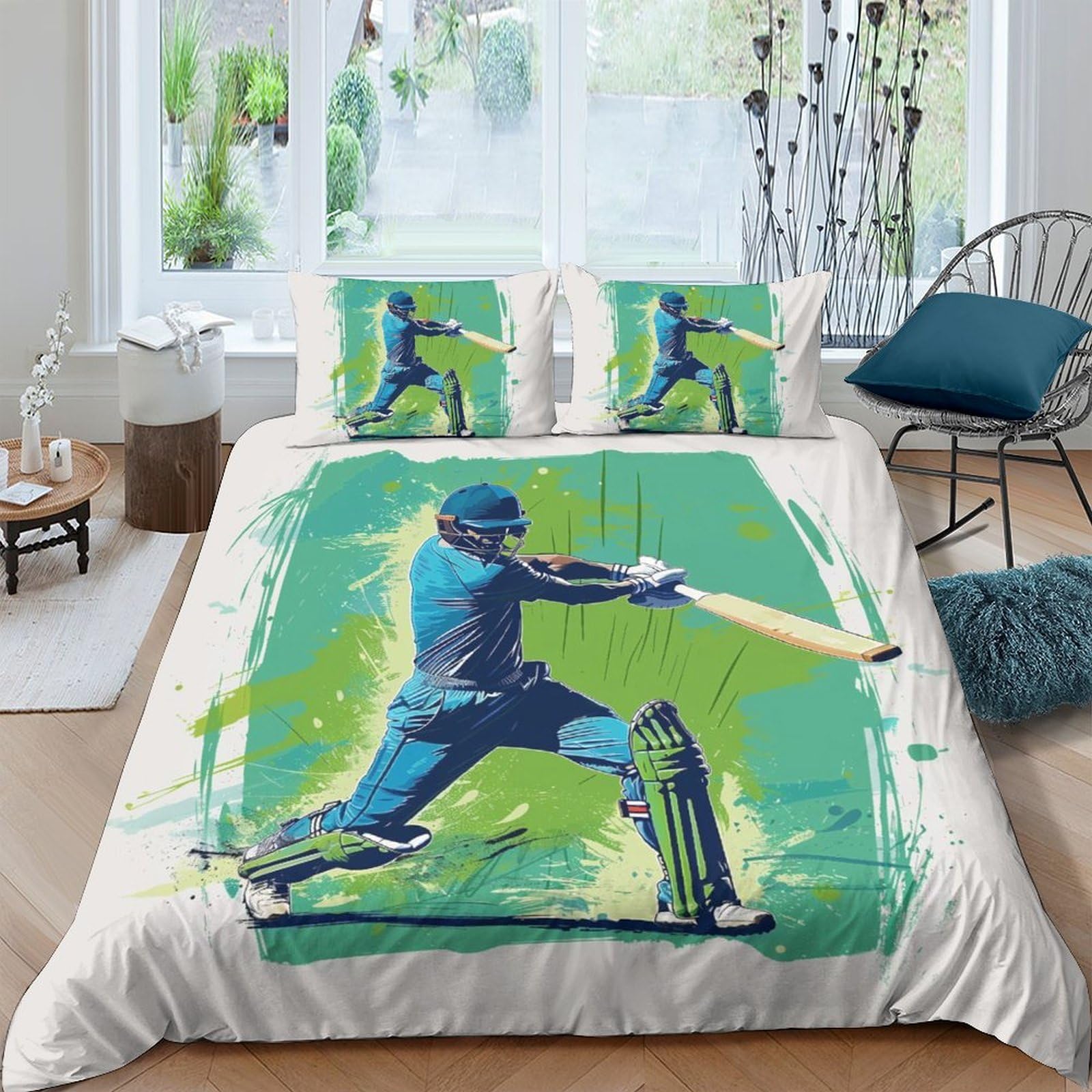 Ctjqhvkz Style-7 3D Printed Cricket Player Fitted Sheet Microfiber Anti-Slip Green Art Bed Cover For Bedroom Guest Room Easy Care Single（135X200cm）