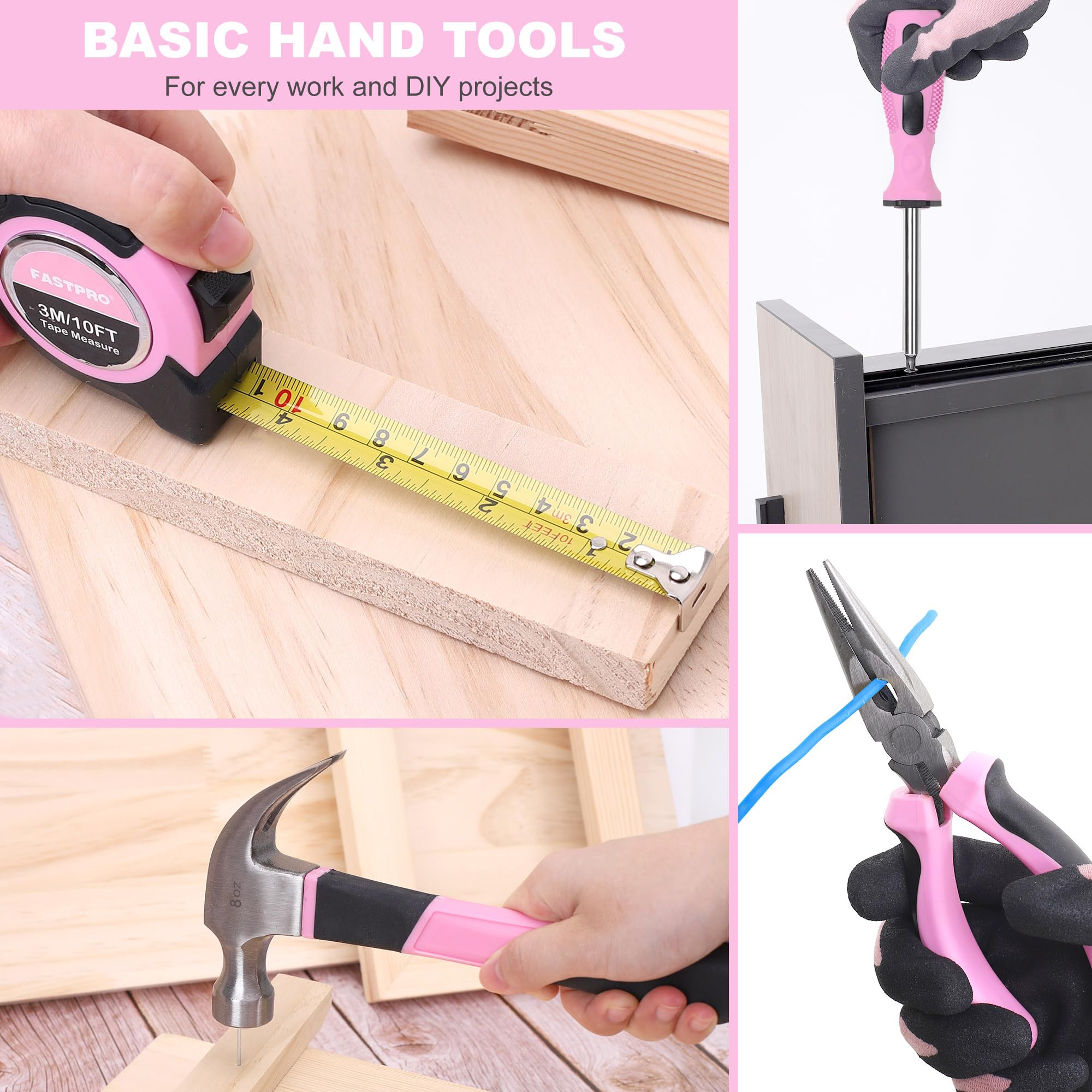 FASTPRO Juego de herramientas rosas de 160 piezas con taladro inalámbrico de iones de litio de 12 V, kit de herramientas de reparación del hogar para mujer con taladro en estuche de almacenamiento