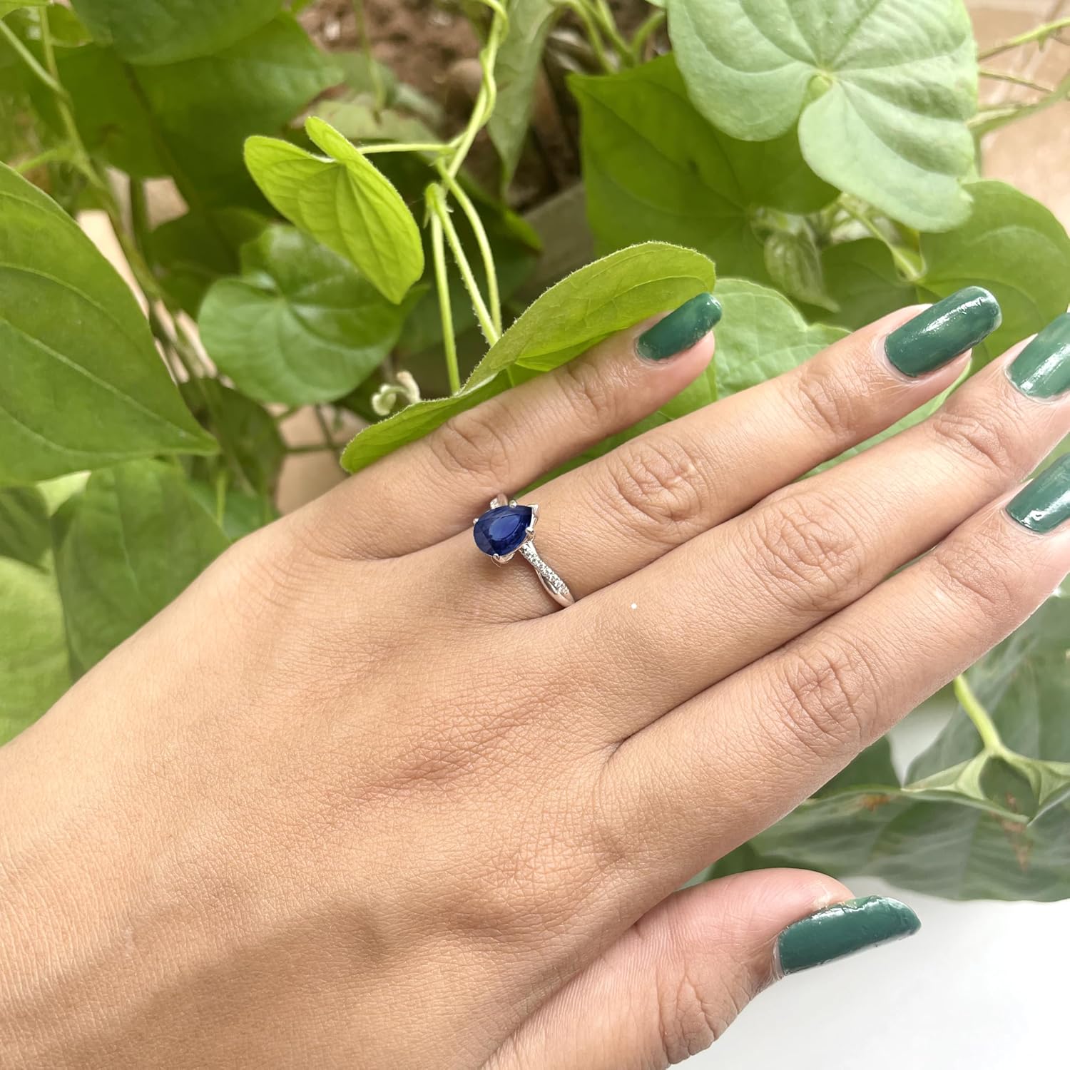 1 Carat Pear Cut Blue Sapphire & Diamond Twisted Solitaire With Accent Engagement Ring For Women, 14K Gold Plated 925 Silver September Birthstone Swirl Bypass Bridal Side Stone Ring