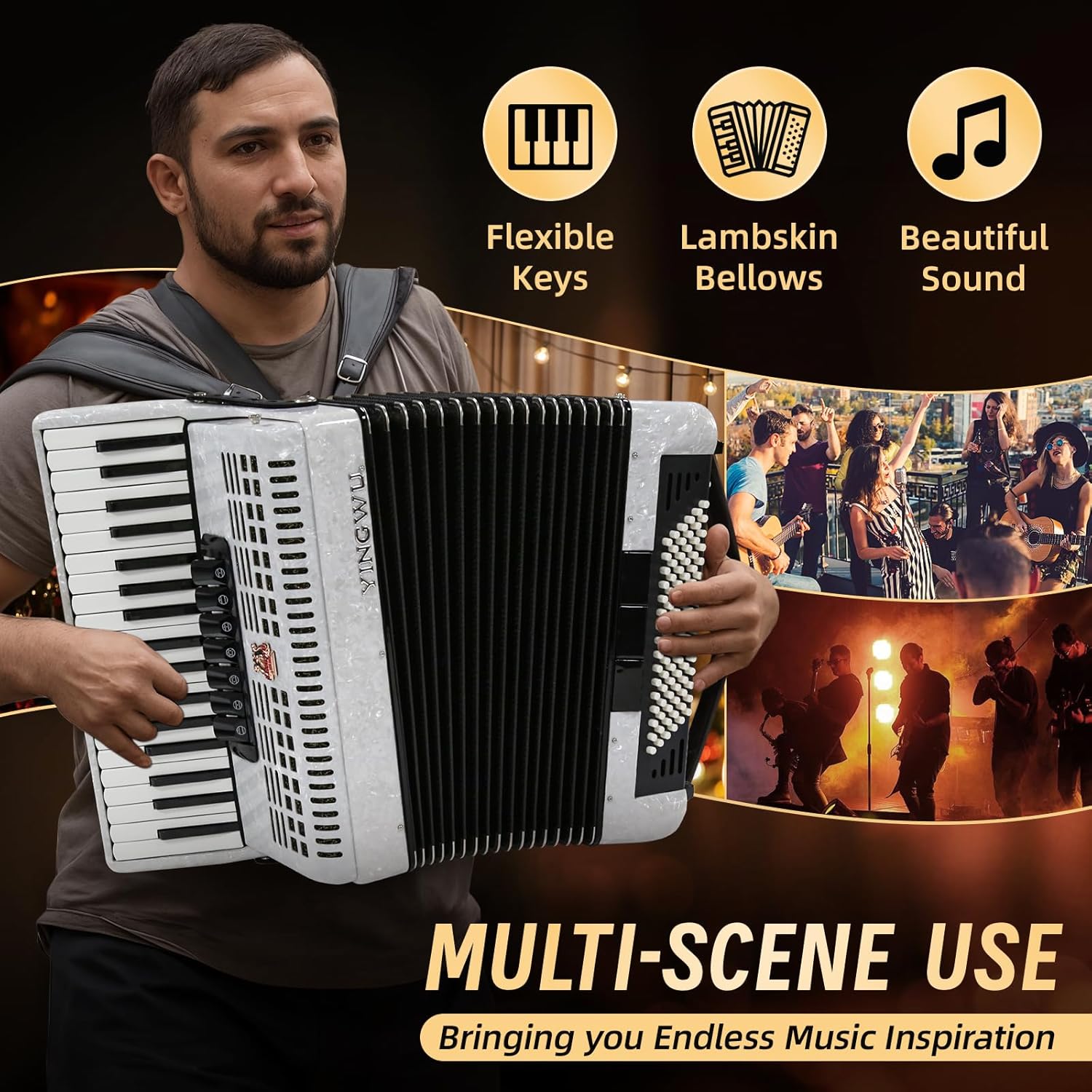 Accordion, 37 Keys 96 Bass Professional Accordion for Beginners and Advanced Players with Backpack and Strap (White)