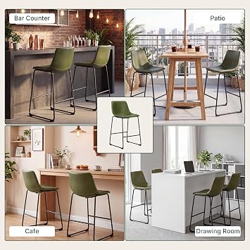 Bar Stools Set of 4, 26-Inch Counter Height Barstools with Back | PU Leather, Kitchen Island Chairs, Stable Metal Legs, Footrest, Dining Room, Home, Coffee Shop, Green