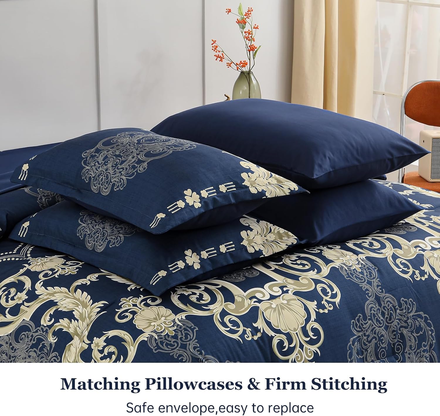 Mybedsoul Blue Gold Queen Comforter Set, 7 Pieces Boho Bed in a Bag for Queen Bed, Damask Comforter with Sheets Pillowcases, Soft Microfiber Lightweight Bedding Sets for All Season(90"x90") - Image 8