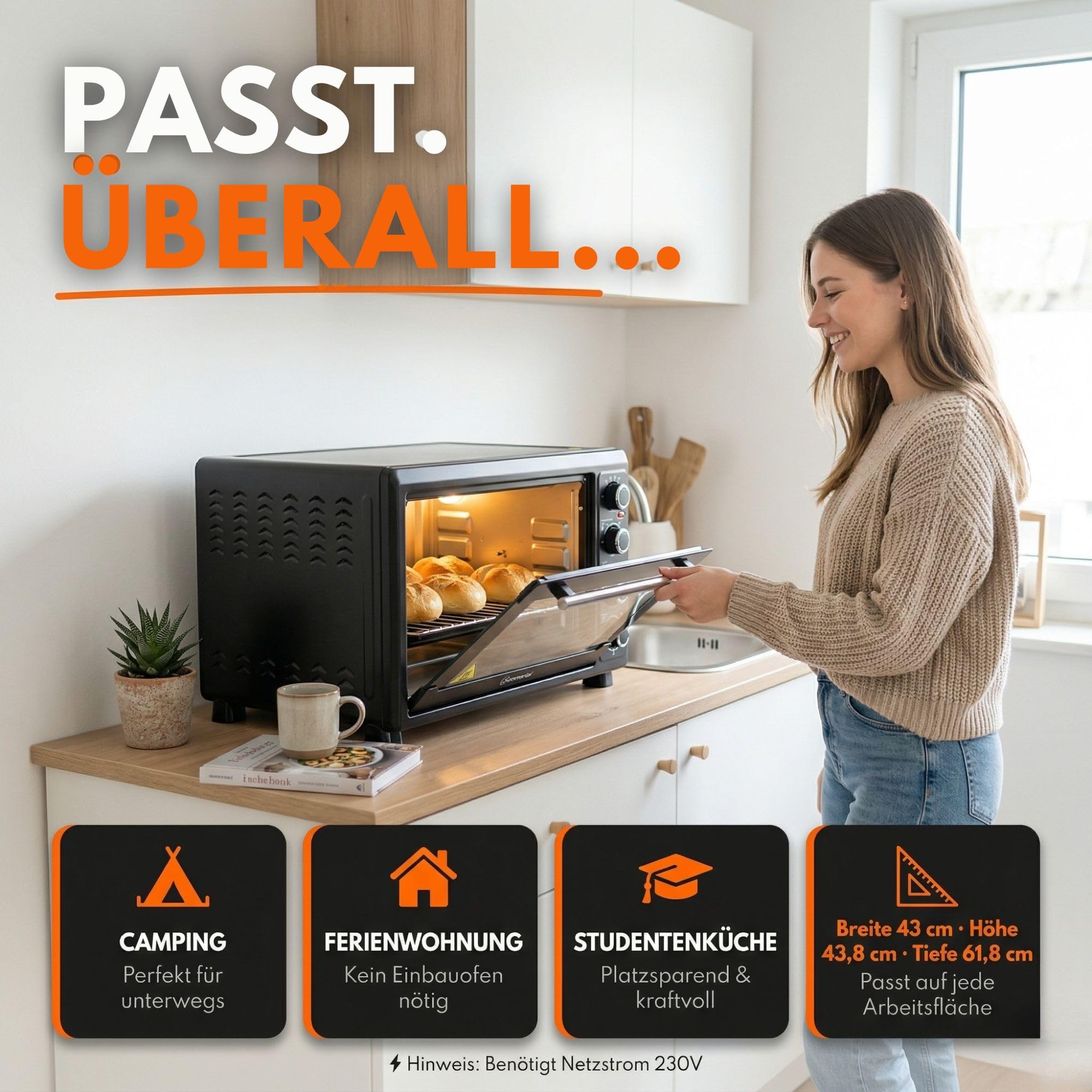 Sommertal Minibackofen 45L mit Drehspieß & Umluft, 2000W, 100–230°C, 60 Min Timer, Hähnchengrill Backofen, Mini Backofen 45 Liter mit Konvektion, Backen, Grillen & Pizza, inkl. 7-tlg Zubehör