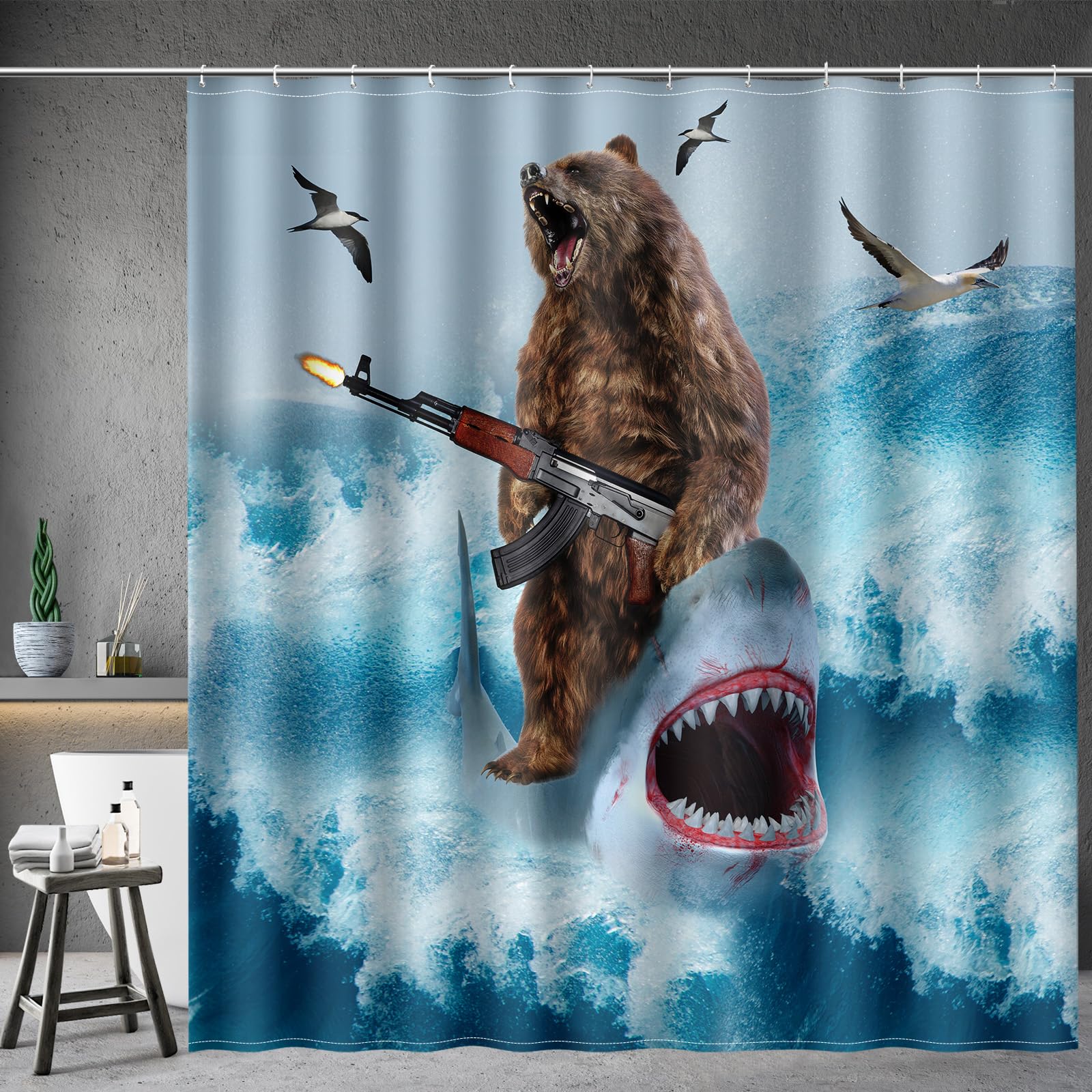 Funny Shark Bear Shower Curtain - Fun Bear Riding Shark in Ocean Wave Cool Shower Curtains Set with 12 Hooks for Adults Wild Bathroom Decor