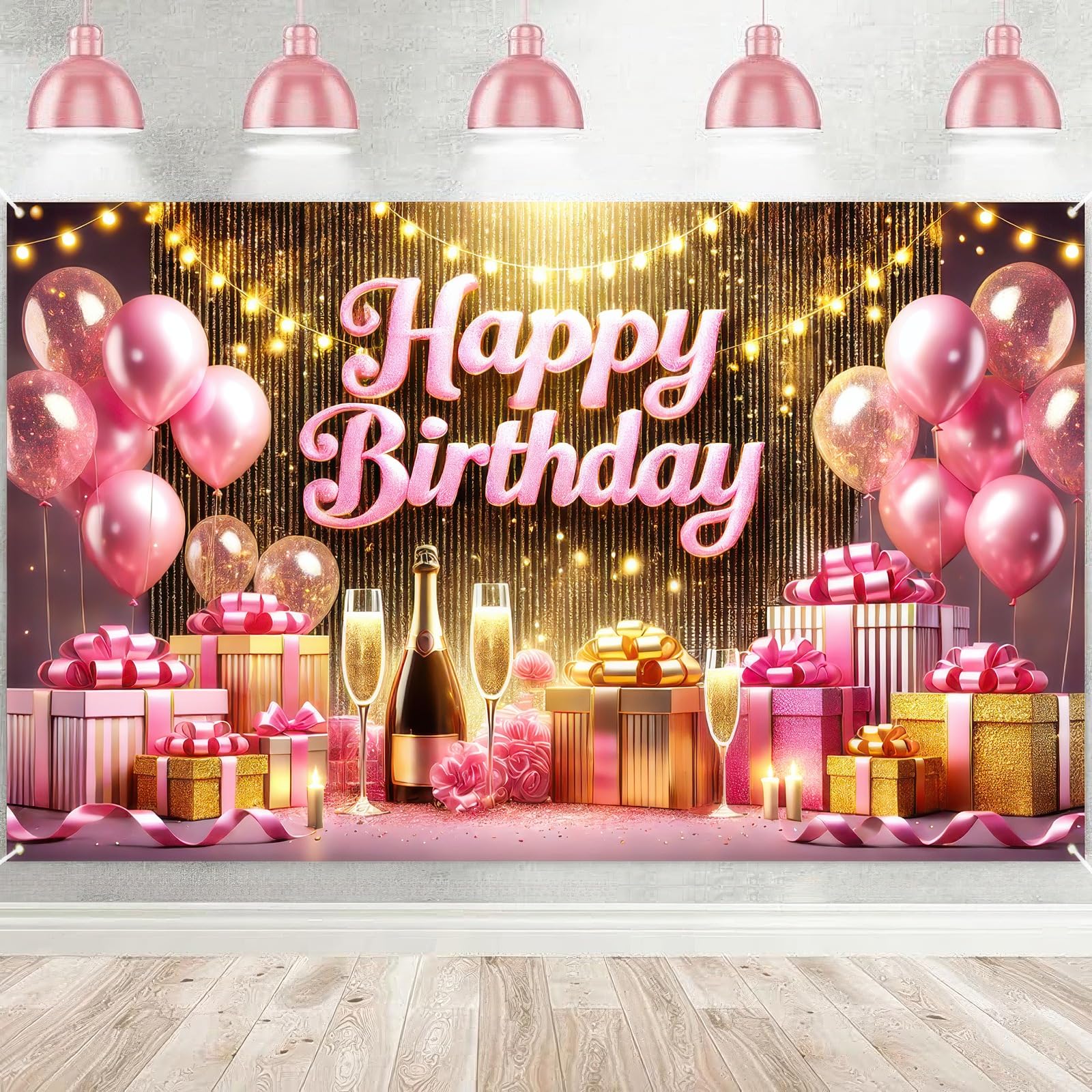 BlissYard Happy Birthday Banner 71x43 inch Pink and Gold Party Backdrop Glittering Balloons Gifts Photo Background Sign Birthday Celebration