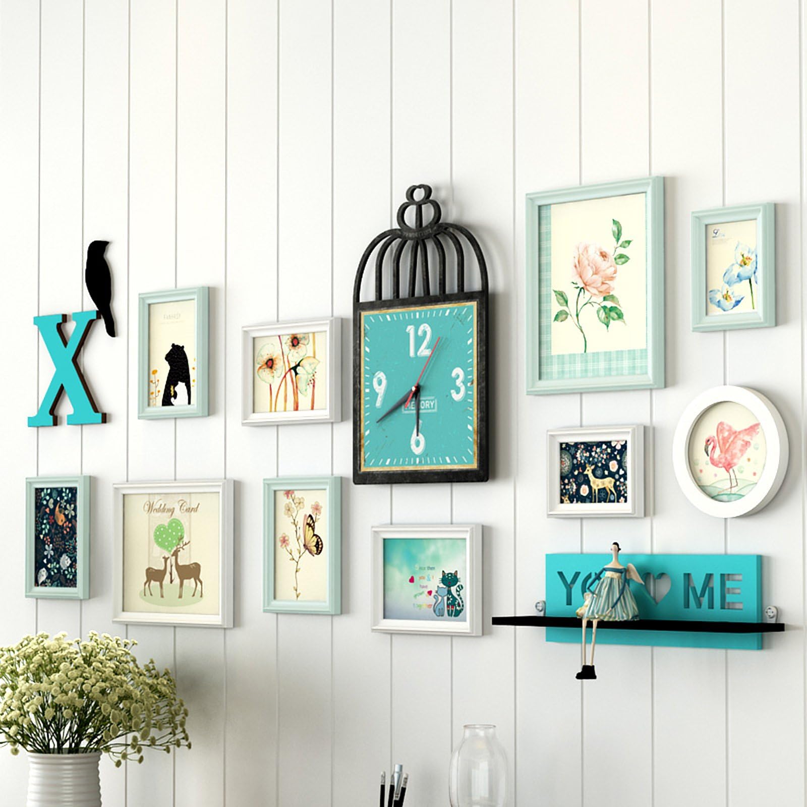 Bird Cage Wooden Clock with You ME Wall Shelf Turquoise Synthetic Wood Photo Frame (160 cm x 1.6 cm x 67 cm, Set of 13)