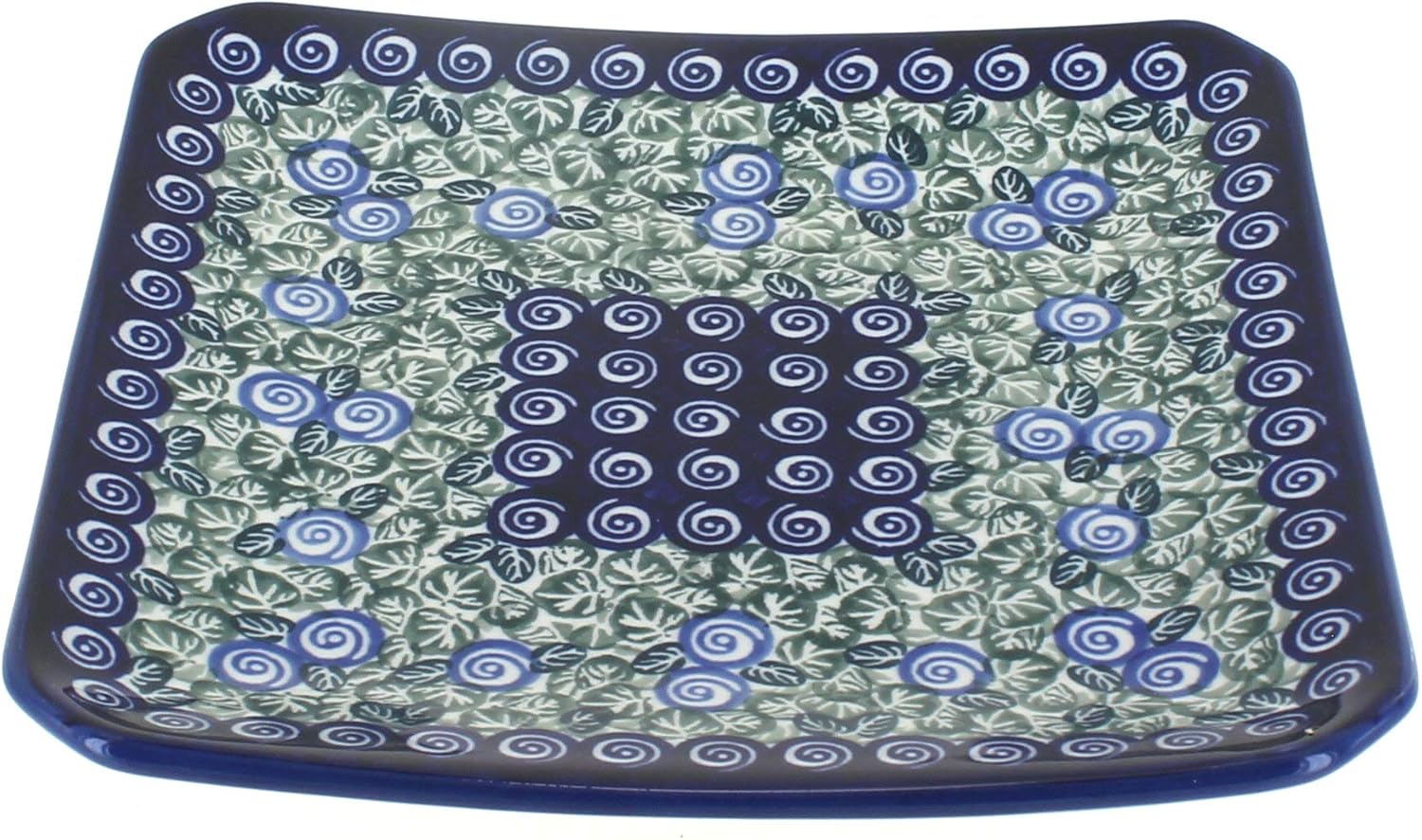 Blue Rose Polish Pottery - Green Seaside Swirl Square Dessert Plate - 8" Diameter - Beautiful Plate for Cake, Appetizers, or Snacks