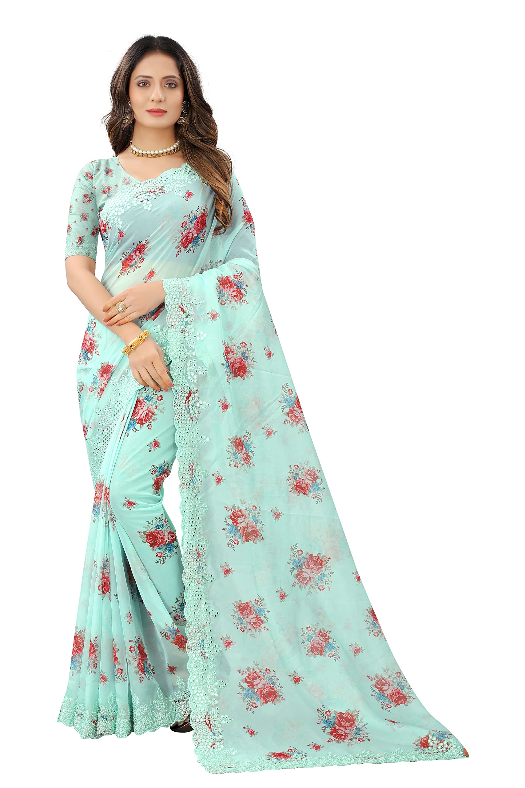 CRAFTSTRIBE Dusty Pista Green Sari Resham and Sequence Embroidery Work Zarkan Stone Work Saree with Unstitched Blouse