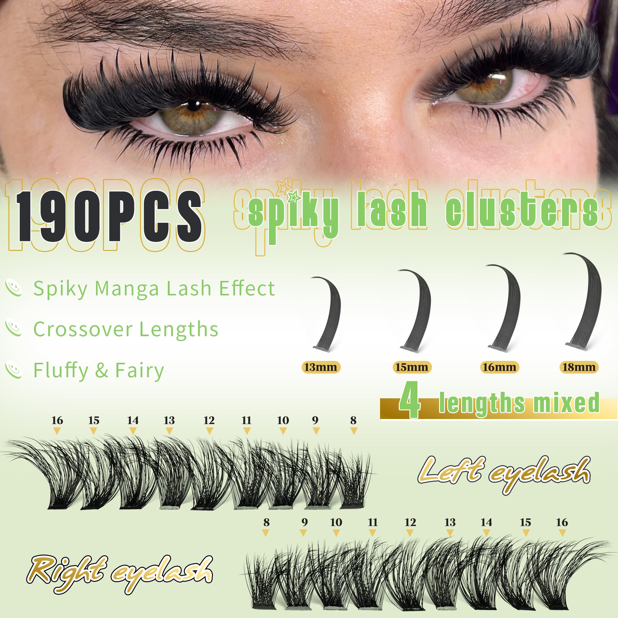 Lash Clusters with Spike Manga Lash Clusters Kit Spiky Lash Extension Individual Lashes Cluster Eyelash Extensions Left and Right Eye Manga Lashes Clusters Wispy Eyelash Clusters Kit(80D,8-16MM)