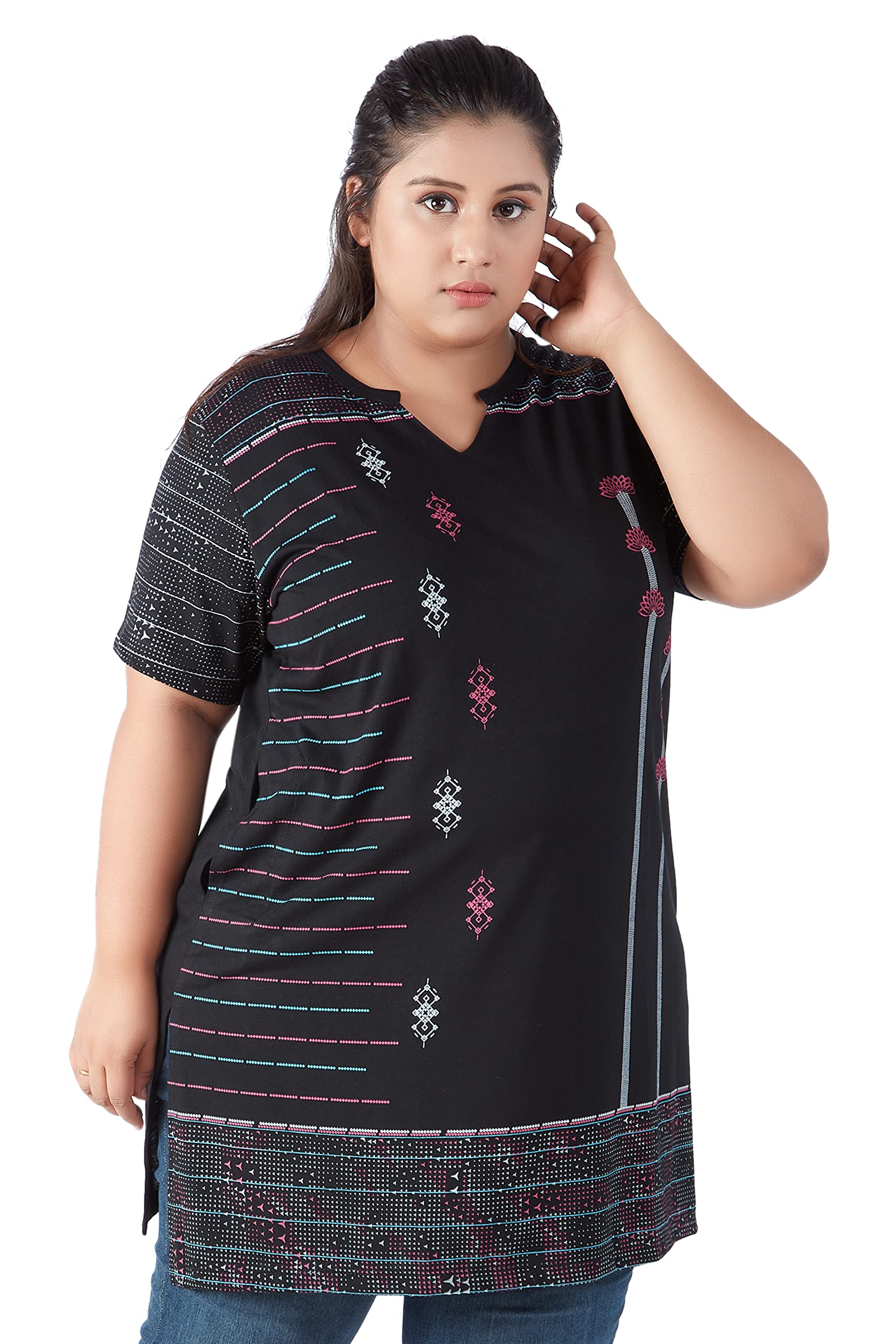 CUPIDWomen's Cotton Plus Size Plain Half Sleeves Long Top for Summer and Semi Summers with One Side Pocket for Ladies Printed T Shirt