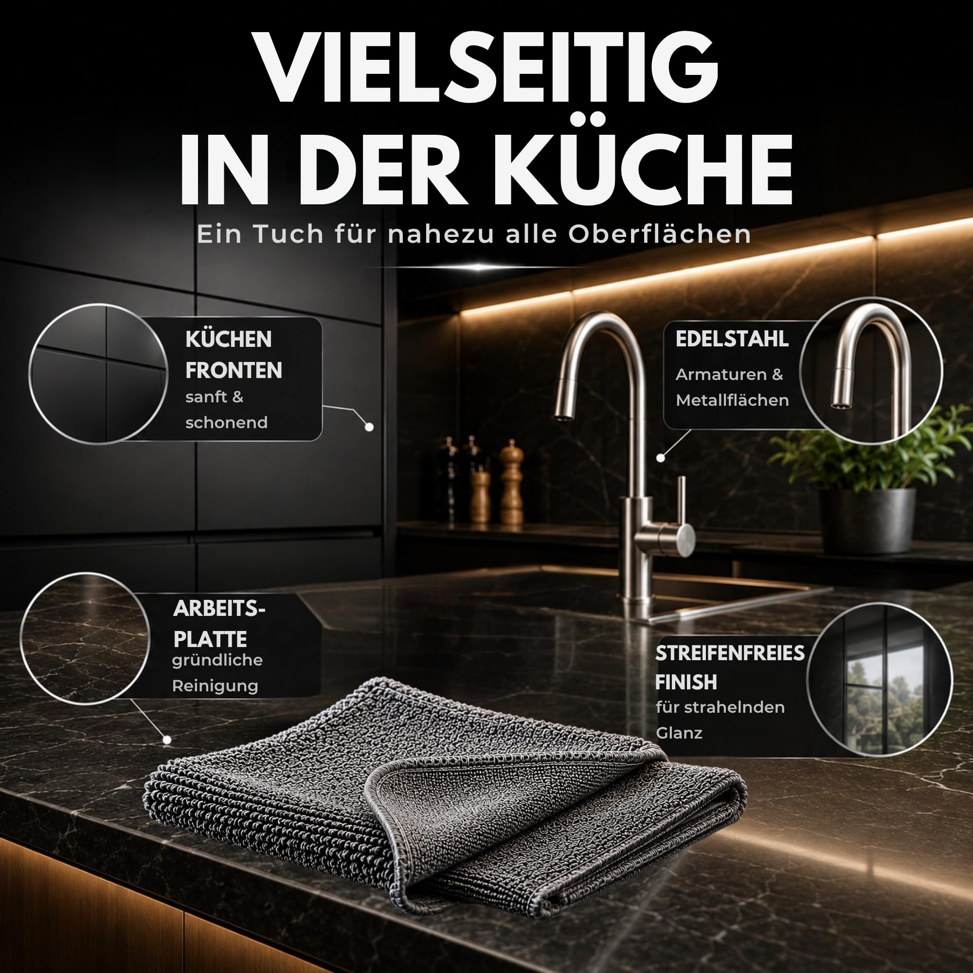 2er Set Premium-Mikrofasertücher Graphitgrau, Flip & Shine | 2 Profi-Tücher 30x30 cm mit Hochflor- & Polierseite | Ideal für Matte & hochglänzende Küchenoberflächen